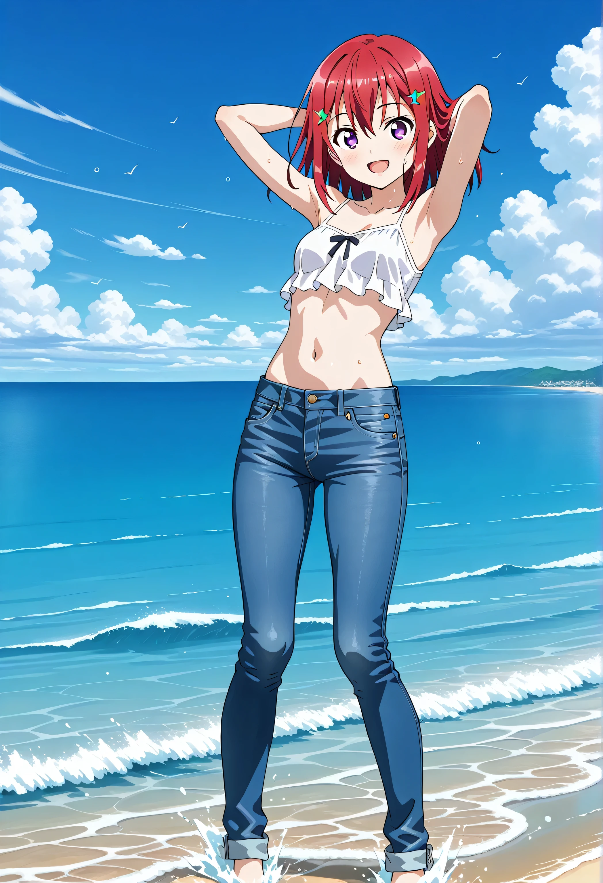score_9, score_8_up, score_7_up, source_anime, highres, hi res, ((best quality, top quality, perfect quality, Highest Quality, amazing quality)), {{masterpiece}}, {{an extremely delicate and beautiful}}, 2d, intricate details, official style, anime, 8k, anime style, official_anime, official art, digital painting, cell shading, soft shading, high resolution, soothing tones, Subdued Color, Soft cinematic light, adobe lightroom, photolab, HDR, intricately and hyper-detailed, ((high quality animation)), 1 girl, Alone, solo, ((ocean)), tsunami, on the water, day, outdoors, sky, windy, kanzakitomoyo, medium hair, red hair, purple eyes, small , white camisole top, crop top, white crop top, best quality, hyper-detailed jeans, ((blue jeans:1.9)), (dark blue jeans:0.6), full medium body, medium shot, Open mouth, smiling, happy face, blush, sweat, standing, arms behind head, bowlegged, jumping pose, action, looking at viewer, , Bend knees slightly, straight-on front view