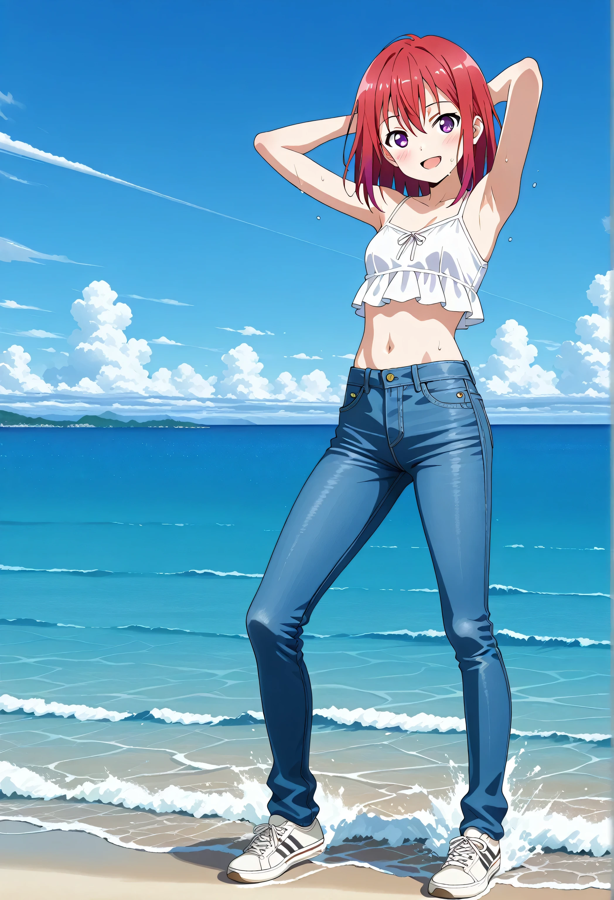 score_9, score_8_up, score_7_up, source_anime, highres, hi res, ((best quality, top quality, perfect quality, Highest Quality, amazing quality)), {{masterpiece}}, {{an extremely delicate and beautiful}}, 2d, intricate details, official style, anime, 8k, anime style, official_anime, official art, digital painting, cell shading, soft shading, high resolution, soothing tones, Subdued Color, Soft cinematic light, adobe lightroom, photolab, HDR, intricately and hyper-detailed, ((high quality animation)), 1 girl, Alone, solo, ((ocean)), tsunami, on the water, day, outdoors, sky, windy, kanzakitomoyo, medium hair, red hair, purple eyes, small , white camisole top, crop top, white crop top, best quality, hyper-detailed jeans, ((blue jeans:1.9)), (dark blue jeans:0.6), full medium body, medium shot, Open mouth, smiling, happy face, blush, sweat, standing, arms behind head, bowlegged, sliding pose, action, looking at viewer, , Bend knees slightly, straight-on front view