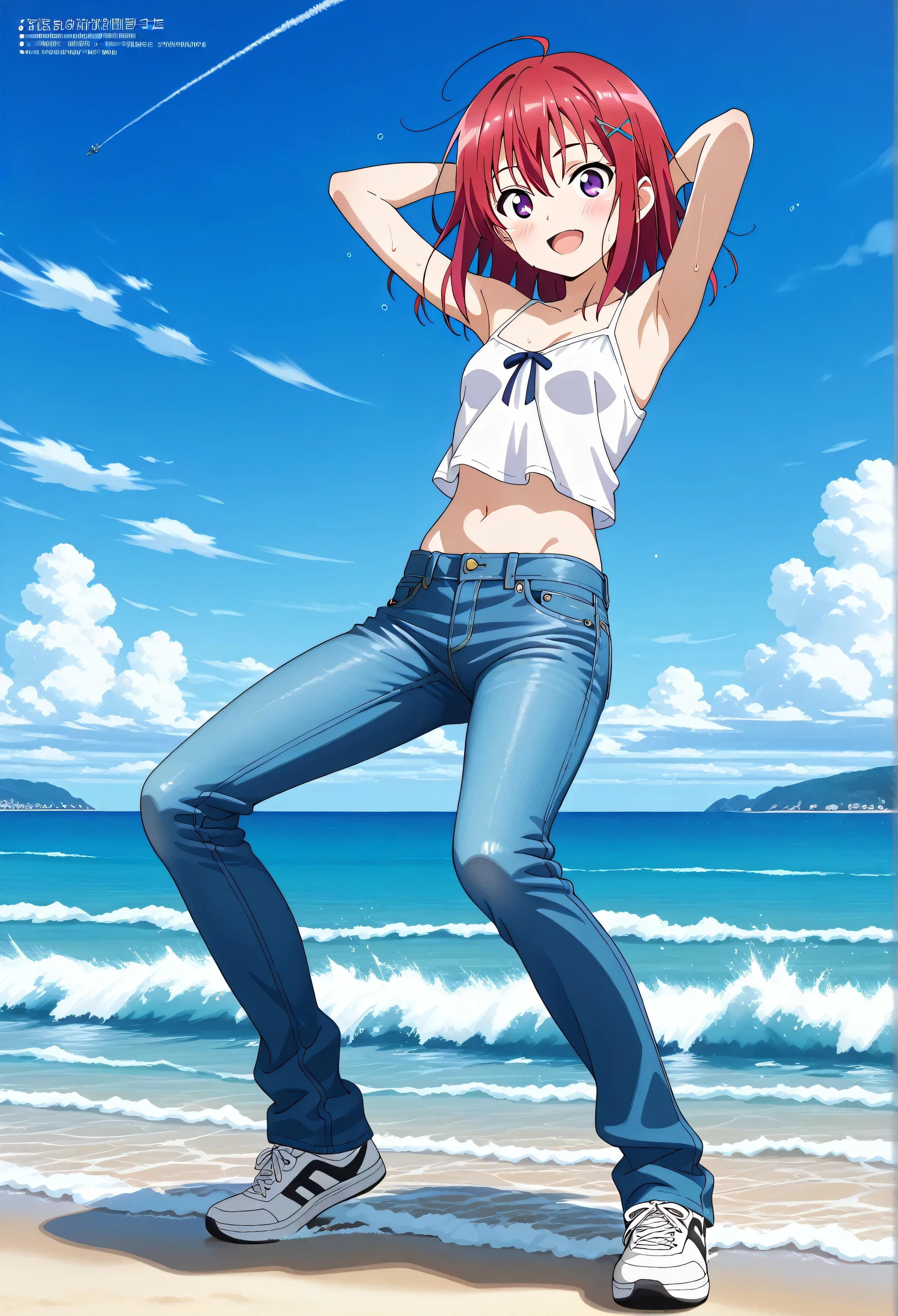 score_9, score_8_up, score_7_up, source_anime, highres, hi res, ((best quality, top quality, perfect quality, Highest Quality, amazing quality)), {{masterpiece}}, {{an extremely delicate and beautiful}}, 2d, intricate details, official style, anime, 8k, anime style, official_anime, official art, digital painting, cell shading, soft shading, high resolution, soothing tones, Subdued Color, Soft cinematic light, adobe lightroom, photolab, HDR, intricately and hyper-detailed, ((high quality animation)), 1 girl, Alone, solo, ((ocean)), tsunami, on the water, day, outdoors, sky, windy, kanzakitomoyo, medium hair, red hair, purple eyes, small , white camisole top, crop top, white crop top, best quality, hyper-detailed jeans, ((blue jeans:1.9)), (dark blue jeans:0.6), full medium body, medium shot, Open mouth, smiling, happy face, blush, sweat, standing, arms behind head, bowlegged, sliding pose, action, looking at viewer, , Bend knees slightly, straight-on front view