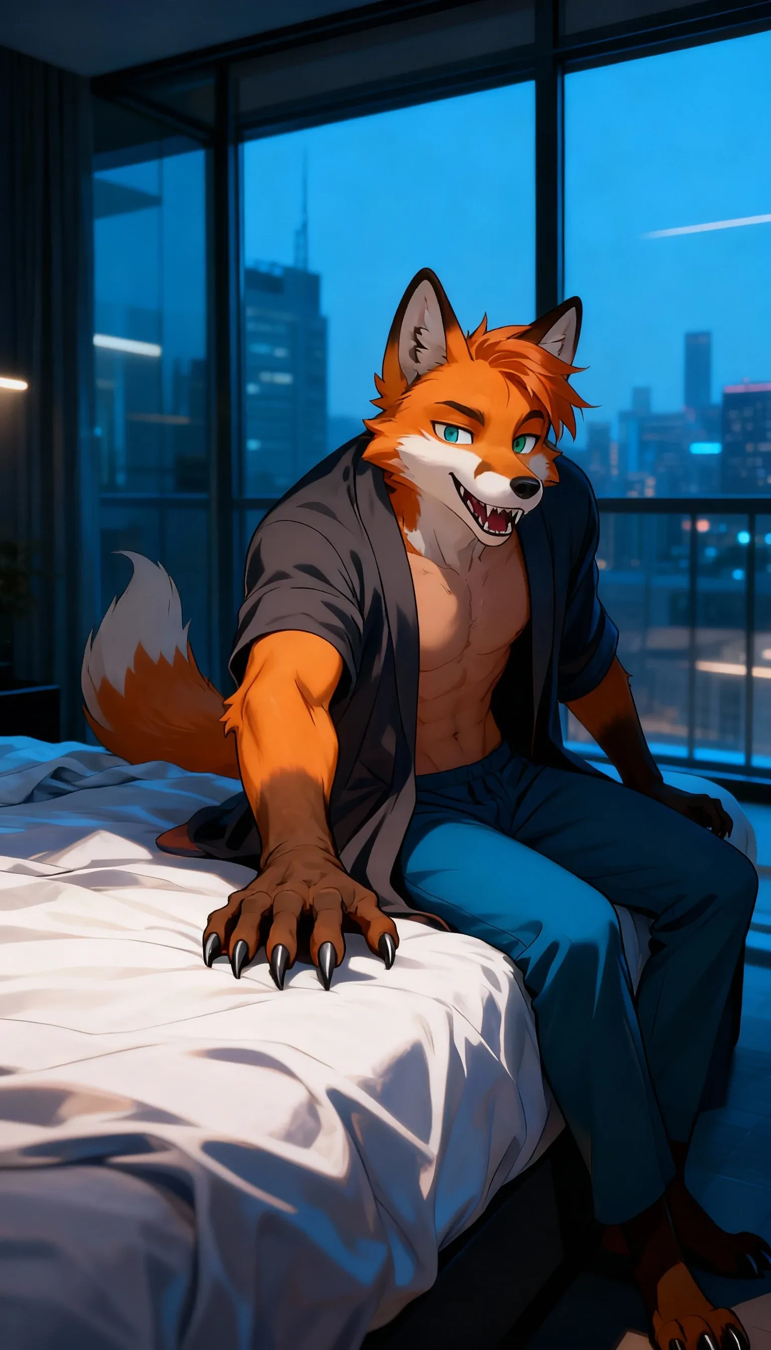 Detailed background, bedroom, night time, high quality, 8k, solo, anthropomorphic furry, fox animal human form, male, musculature, ?????????, dog collar, laying down, bulge, suggestive content