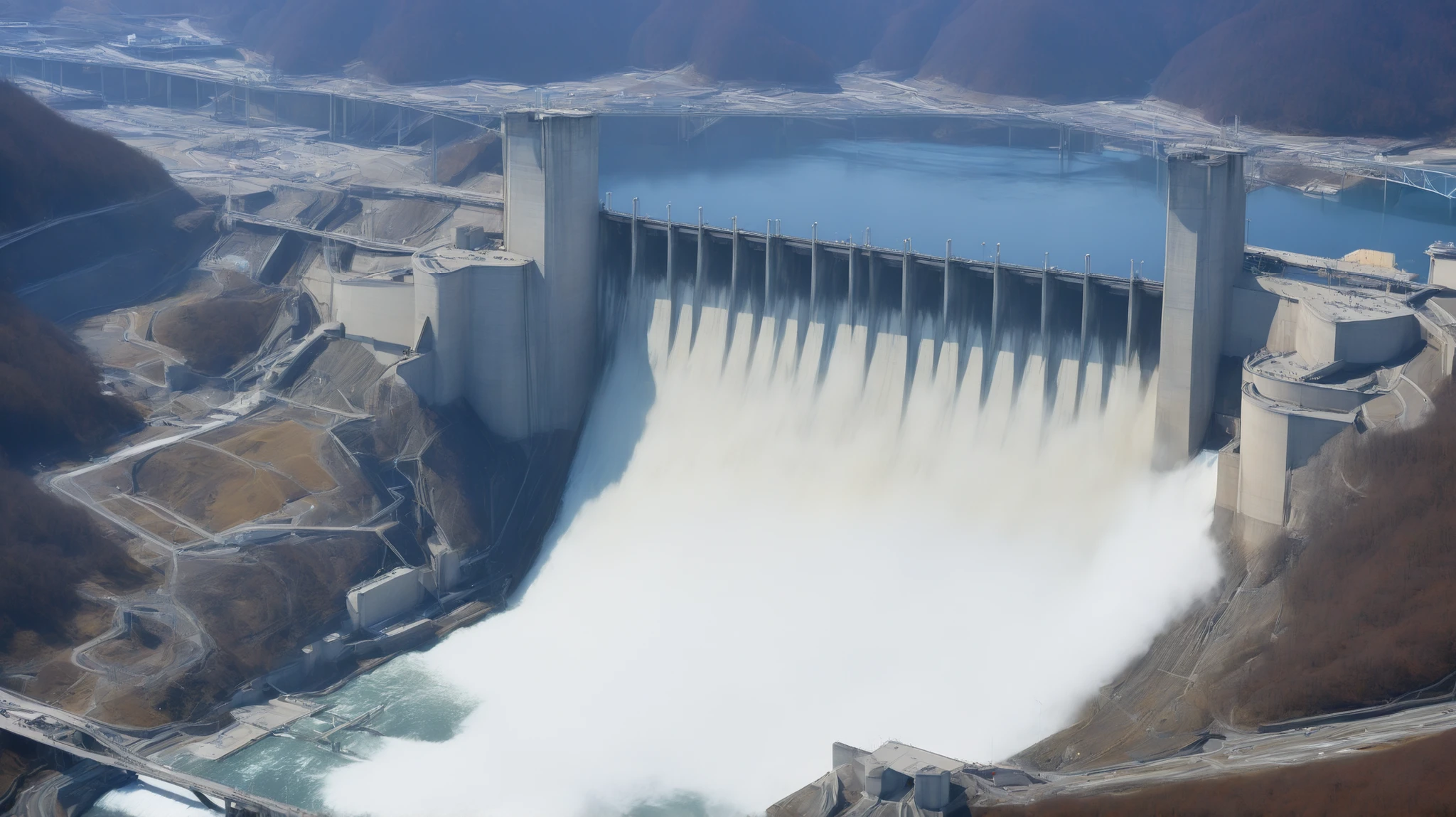 8k,ultra highres:high-definition images、(realistic expression:1.5),Toyama Prefecture、(the huge Kurobe dam that was completed:1.5)、(Hoover Damの性格な構造と配置:1.5),(the huge Kurobe dam that was completed:1.5),(is flowing like fog from the 186 meter-high gravity combine dam:1.5),(The majestic atmosphere of a supermassive structure:1.5),(Image taken from above:1.5),(There is a hydroelectric power station at the bottom of the dam:1.5),dammed the Kurobe River、the dam lake's water storage volume is full,(The exterior of the majestic dam:1.5)、(mega structure:1.5),(The center of the dam2point:1.5),(the huge Kurobe dam that was completed:1.5),(the huge Kurobe dam that was completed:1.5),