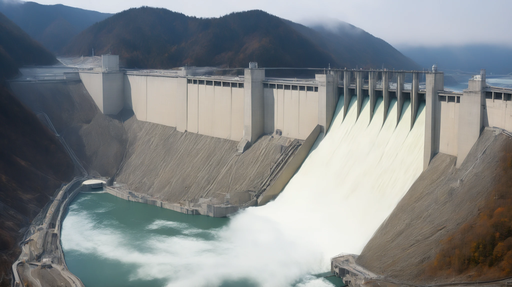 8k,ultra highres:high-definition images、(realistic expression:1.5),Toyama Prefecture、(the huge Kurobe dam that was completed:1.5)、(Hoover Damの性格な構造と配置:1.5),(the huge Kurobe dam that was completed:1.5),(is flowing like fog from the 186 meter-high gravity combine dam:1.5),(The majestic atmosphere of a supermassive structure:1.5),(Image taken from above:1.5),(There is a hydroelectric power station at the bottom of the dam:1.5),dammed the Kurobe River、the dam lake's water storage volume is full,(The exterior of the majestic dam:1.5)、(mega structure:1.5),(The center of the dam２point:1.5),(the huge Kurobe dam that was completed:1.5),(the huge Kurobe dam that was completed:1.5),