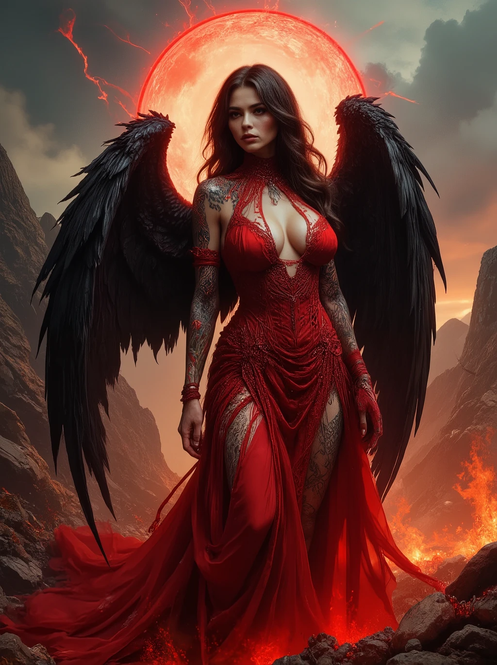 Detailed proportions and textures and multi-color with in the style if dmai that presents a semi-realistic illustration a ornate hyper real of horrific disaster modern gothic style of a otherworldly female fatale with striking, large wings. The wings are predominantly black with vibrant red accents, creating a dramatic contrast. The figure stands in a powerful pose, wearing an erotic flowing red gown with intricate designs that enhances her beauty snd shows ample cleavage from her 34 dd breasts. Her skin is pale, and she has long, dark hair cascading down her shoulders. A glowing red halo hovers above her head, adding a mystical element. Redblack energies swirl and crackle around her as if alive and resembBle flames. The background is a moody, Eldritch cloudy sky with hints of alien mountains in the distance, enhancing the ethereal and otherworldly atmosphere of the scene. The Red Angel of slaughter is slatong her bloodlust and her perfect form is killing everybody, tattoos that made her look like she has phoenix feathers cover her body, s. very balanced saturation in the color palettes very defined (Color with monochorome intense shaded tones and shine, tone red 25% + yellow 25% + blue 25% + biofluorescent 12.5%+ transparency 12.5%. Aesthetic fusion by (Fibonacci ratio. A poupée realiste of a sucubo. female (Including a variety of pink skin and beige-dark tones that give it contrast and shine) character type. Fluid texture of fine, thin fabric that molds to your body . Haute couture photoshoot (in high quality of full body). Sharp Highly DetailedAlberto Vargas, Greg Rutkowsk art style fusion.