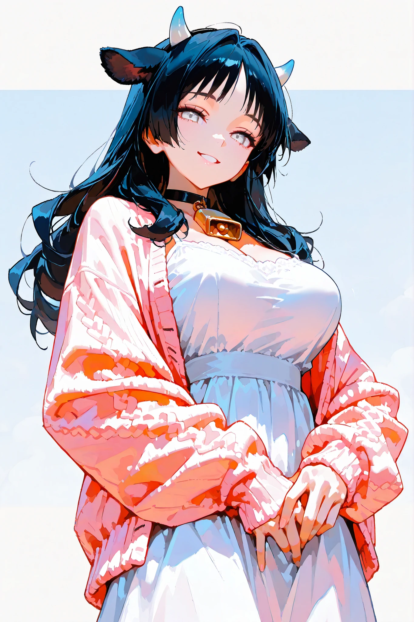 A woman who is a cow,A woman with a glamorous figure, big boobs, 35 years old, has dark hair that goes down to the waist, fluffy hair, little bangs, pearlescent white eyes, Lazy Smile, Pure White Dress , cream-colored knit cardigan, dairy cow's ears, no human ears, Little cute horn, Soft skin texture, cowbell choker
IllusP0s,detailxl,much,bishounen,ONES,(masterpiece:1.2, best quality, ultra-detailed,), score_9, 1girl, solo_focus, cowboy shot, slightly low angle, soft lighting, cool and pastel color tone, hyperdetailed, defined facial features, perfect face, detailed hands