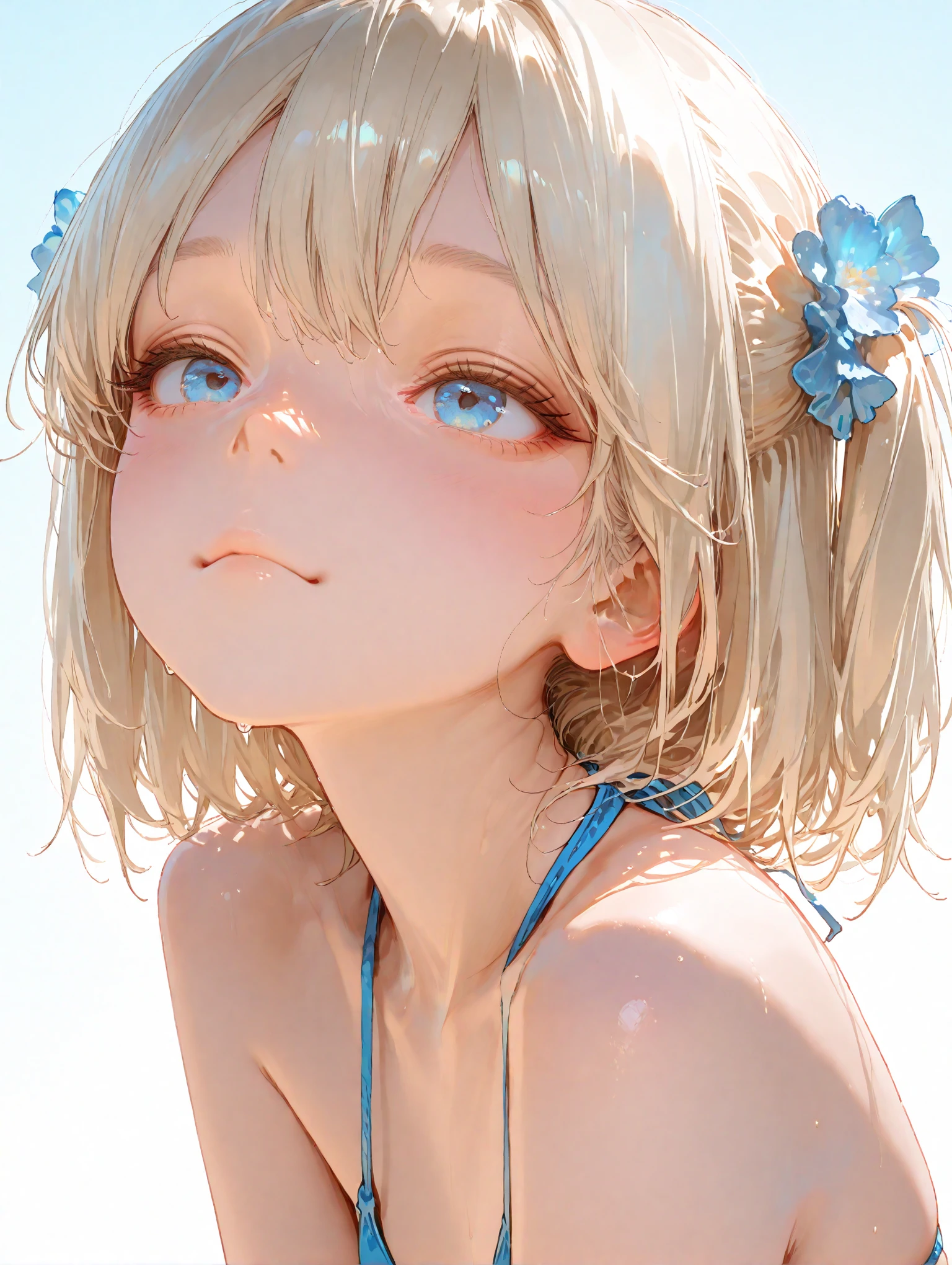 highest quality、Realistic、Women、Japanese、zoom、look up、cute、smile、Ocean、Gray eyes、Platinum Blonde Hair、Very Short Hair、Light blue 、Face close-up、slender、Small breasts