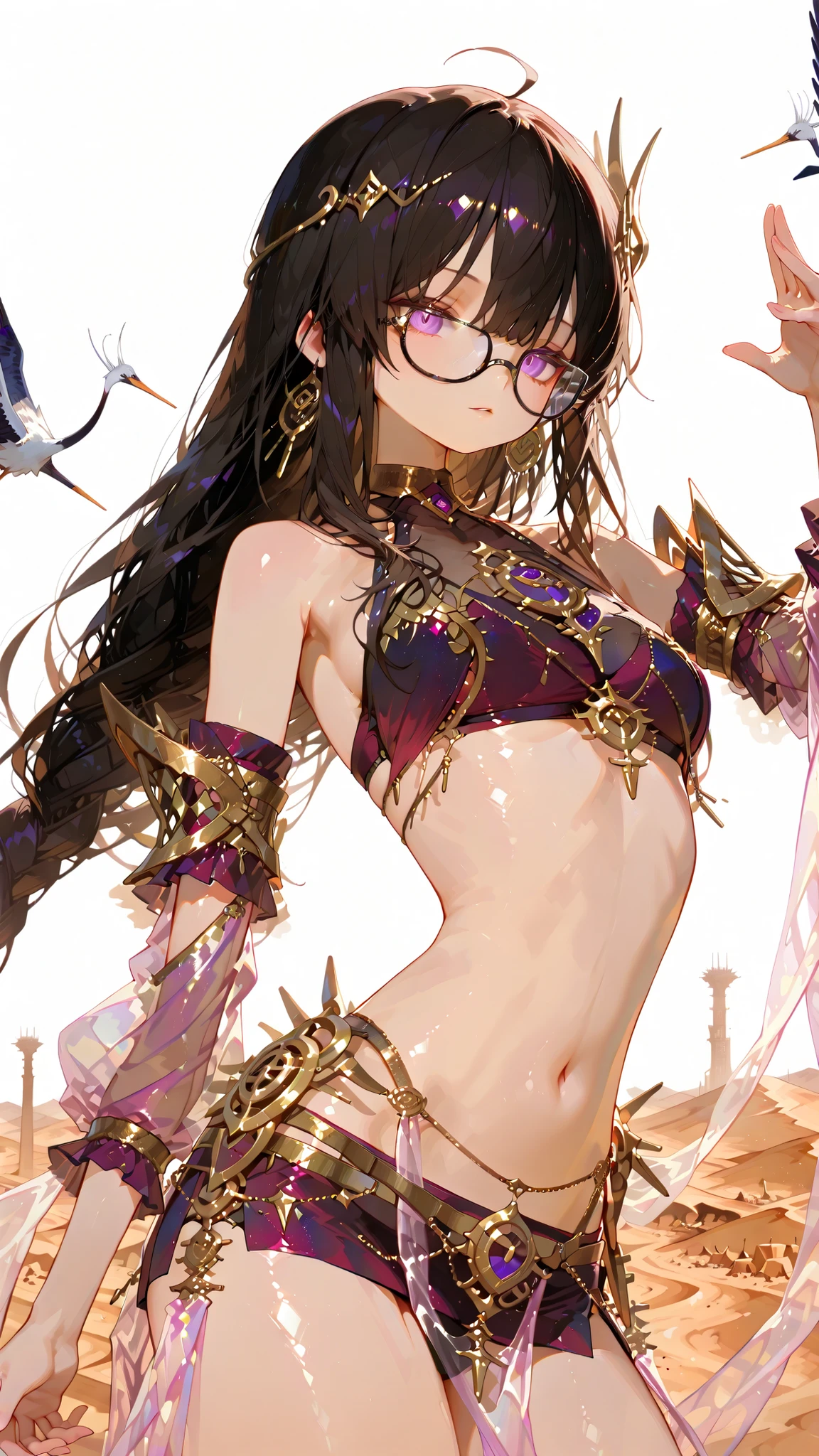 battlemage_neopresencia,,,,,,.00,Outstanding work, slightly realistic, of extraordinary quality, very beautiful, ultra-high resolution, high resolution, anime style-----Mature woman, tall figure.(Horror flavor :0.7),******************(high resolution 16k:1.4), show the whole body.(Masterpiece :1.2), top quality, (Super Detail Illustration :1.3), (Desert Dancer :1.5), (Exotic :1.4), (Southern Flying Crane :1.4), fine reflective eyes, shiny hair black hair, glasses, black rimmed glasses, purple eyes, (Arabian transparent clothing :1.5), (transparent top :1.3), (mini skirt :1.3), dynamic pose, oasis of the night, dreamy light