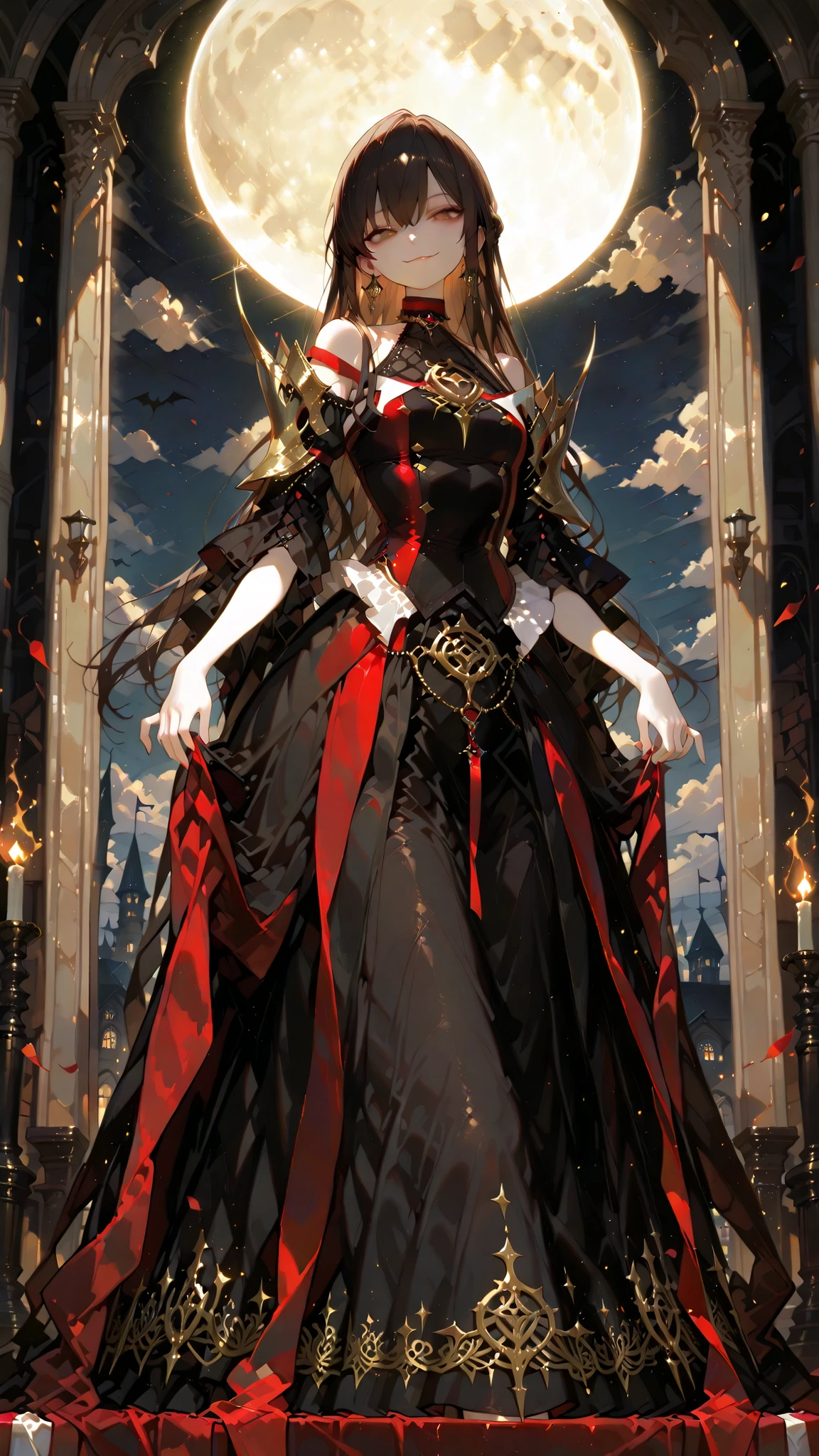 battlemage_neopresencia,,,,,,.00,Outstanding work, slightly realistic, of extraordinary quality, very beautiful, ultra-high resolution, high resolution, anime style-----Show your full body. Look from a distance..Mature woman, tall figure.(Horror flavor :0.7),*****************(Gothic elegance, dark fantasy atmosphere)
A beautiful young Japanese woman, with delicate and refined features, a slender and elegant figure, and a noble and aristocratic demeanor,
Soft and natural, straight, dark brownish black hair trickled down her back. Her almond-shaped, dark brown eyes were slightly red in the moonlight. Her smooth, pale and glowing skin
Dressed in an elegant Gothic vampire dress, black silk and deep red velvet with golden embroidery, a flowing cloak draped over her shoulders
Posing confidently under the deep red night sky, the full moon hidden behind the floating clouds, and the dark Gothic castle standing in the distance
A serious and charming expression, a subtle and mysterious smile, an eternal and beautiful temperament, dark and charming.
The composition is dramatic and cinematic, like a dark queen whose presence is illuminated by a spotlight.