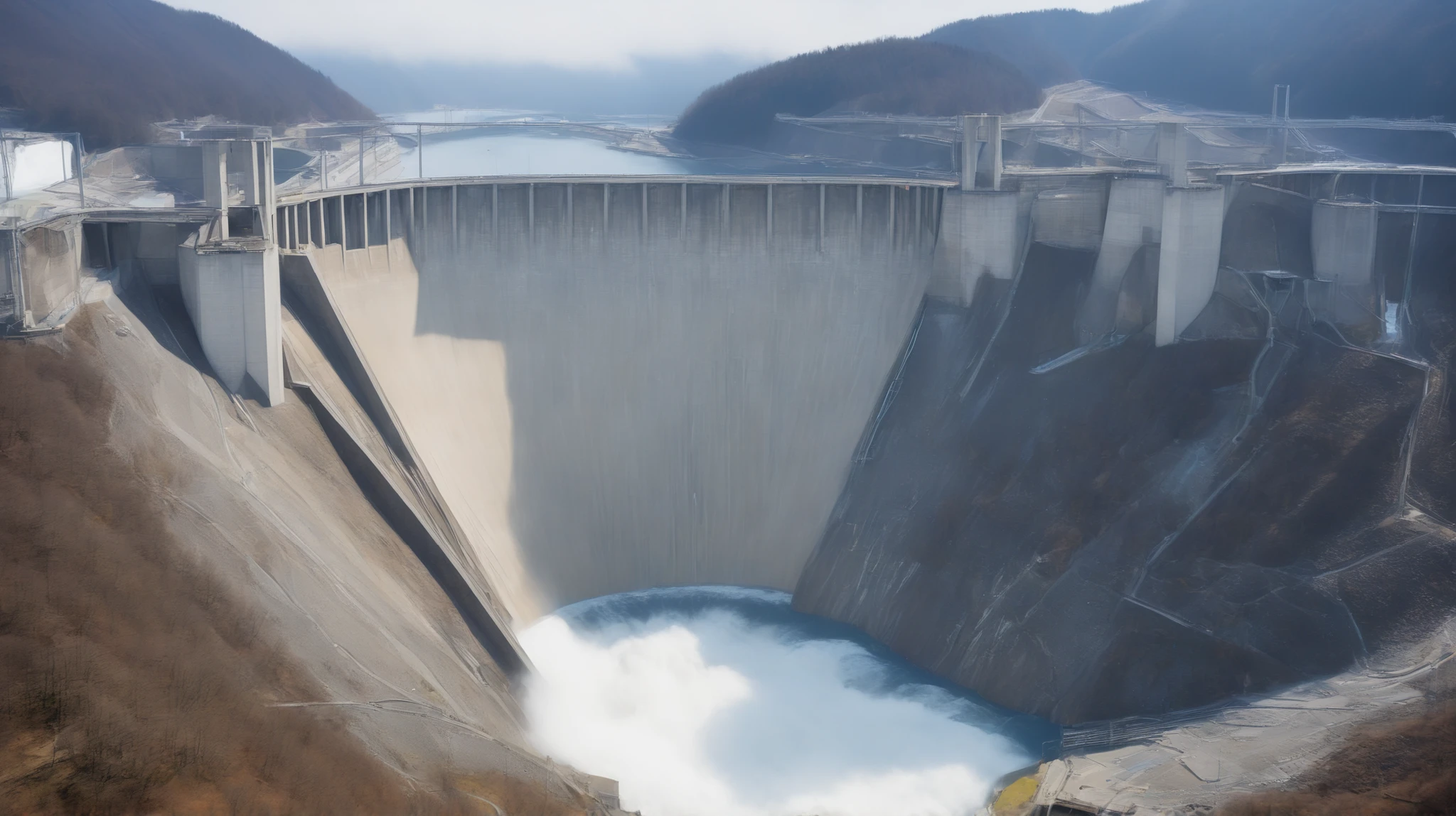 8k,ultra highres:high-definition images、(realistic expression:1.5),Toyama Prefecture、(the huge Kurobe dam that was completed:1.5)、(Hoover Damの性格な構造と配置:1.5),(A huge Kurobe arch dam completed:1.5),(is flowing like fog from the 186 meter-high gravity combine dam:1.5),(The majestic atmosphere of a supermassive structure:1.5),(Image taken from above:1.5),(There is a hydroelectric power station at the bottom of the dam:1.5),dammed the Kurobe River、the dam lake's water storage volume is full,(The exterior of the majestic dam:1.5)、(mega structure:1.5),(The center of the dam2point:1.5),(the huge Kurobe dam that was completed:1.5),(the huge Kurobe dam that was completed:1.5),