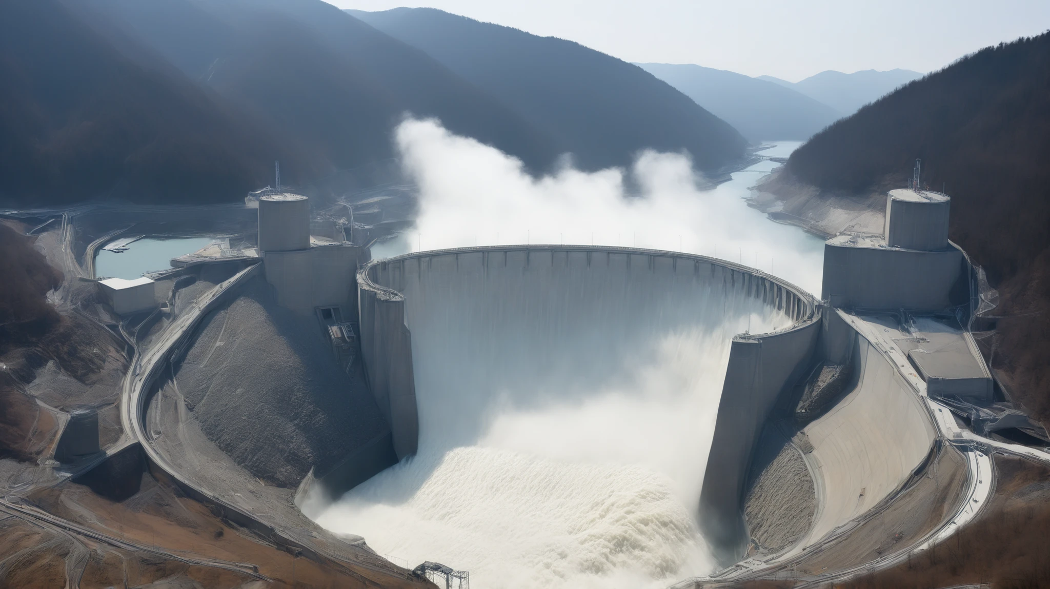 8k,ultra highres:high-definition images、(realistic expression:1.5),Toyama Prefecture、(the huge Kurobe dam that was completed:1.5)、(Hoover Damの性格な構造と配置:1.5),(A huge Kurobe arch dam completed:1.5),(is flowing like fog from the 186 meter-high gravity combine dam:1.5),(The majestic atmosphere of a supermassive structure:1.5),(Image taken from above:1.5),(There is a hydroelectric power station at the bottom of the dam:1.5),dammed the Kurobe River、the dam lake's water storage volume is full,(The exterior of the majestic dam:1.5)、(mega structure:1.5),(The center of the dam２point:1.5),(the huge Kurobe dam that was completed:1.5),(the huge Kurobe dam that was completed:1.5),