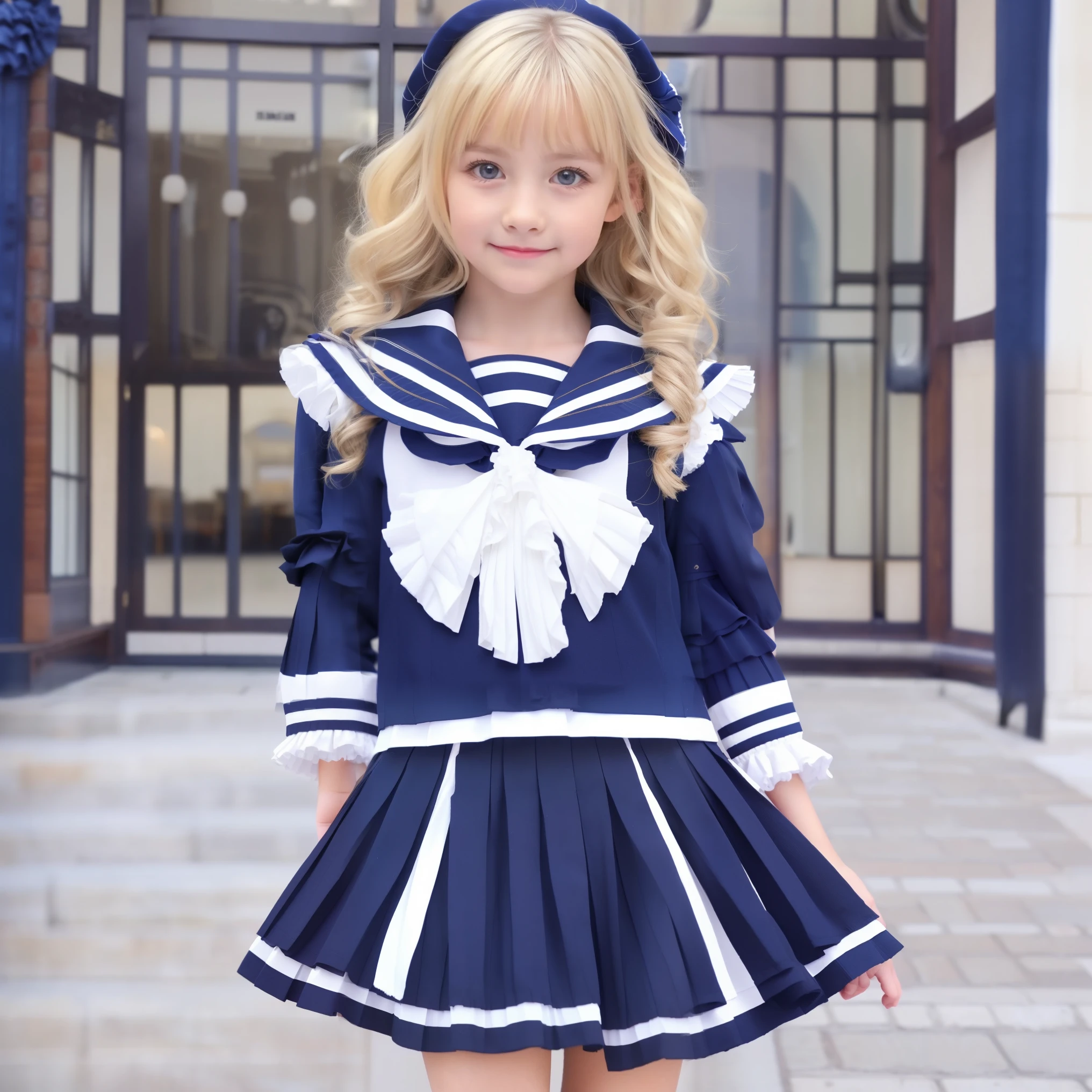 European girl,blue eyes,curls blonde long hair,10 years old,black and white school uniform,(((sailor suit next to the eye,long sleeve,pleated skirt:1.0))),((ruffles and ribbon decorations))
