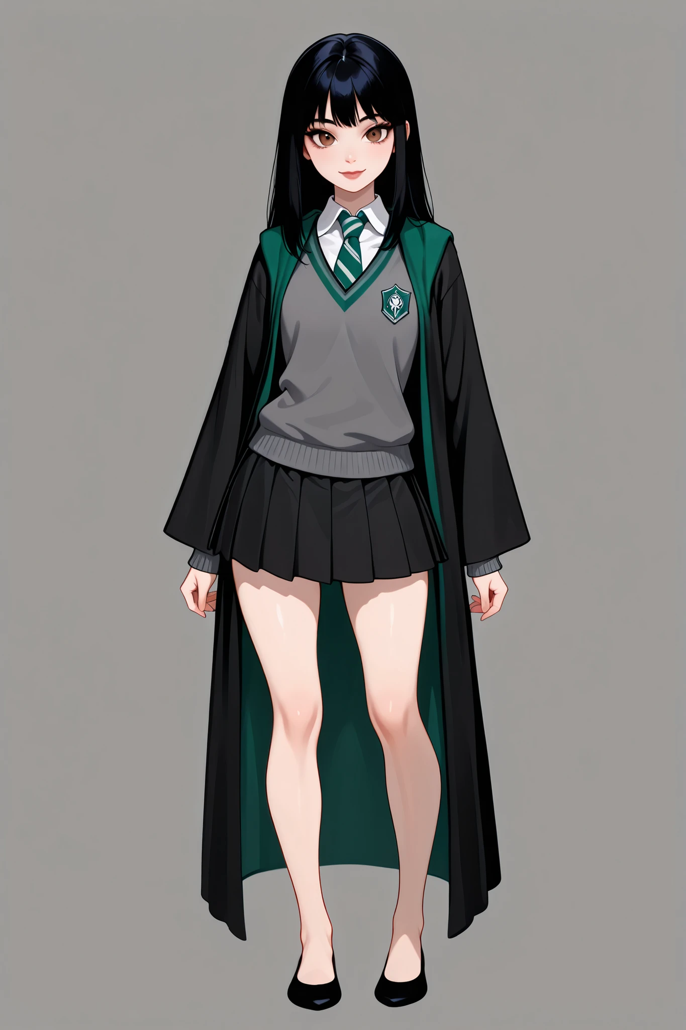 score_9, score_8_up, score_7_up, best quality, masterpiece, 4k resolution, 1girl, solo, youthful, beautiful, full body, long straight hair, pitch black hair, brown eyes, sharp eyes, looking at viewer, elegant posture, bare legs, smooth body, clean skin, hogwarts uniform, slytherin, black robe, necktie, striped necktie, collared shirt, sweater, pleated skirt, grey sweater, flats, ballet shoes, black shoes, vibrant expression,