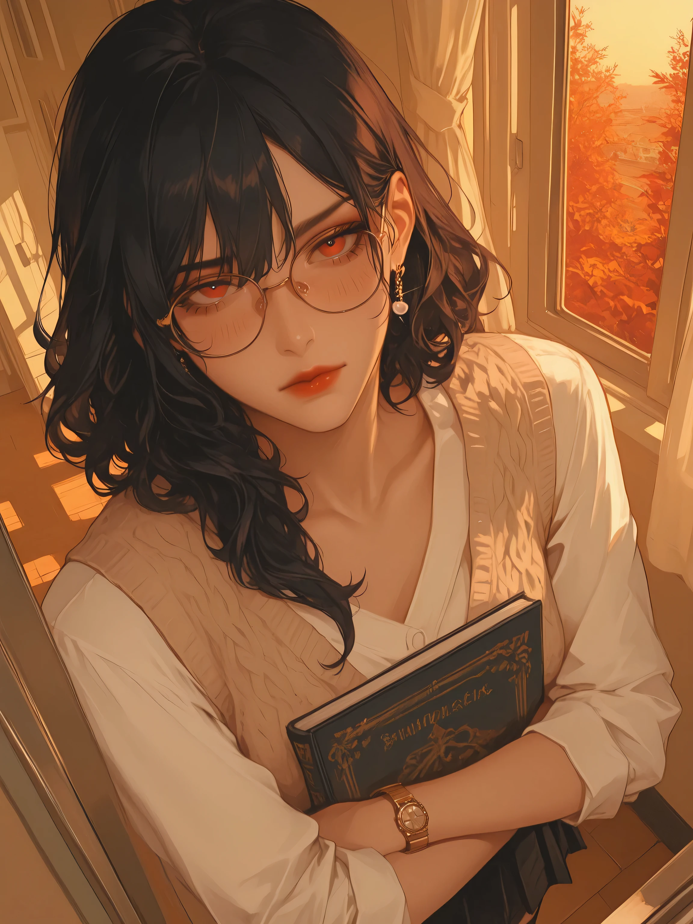 best quality,masterpiece,ultra-detailed, 8k, intricate details,illustration,vibrant colors, colorful theme, dynamic angle, dynamic pose, eye focus, face focus, Honkai_star_rail, UHD, RAW photo detail, subsurface skin scattering, dynamic muscle tension, perfect anatomy no deformities, perfect lighting with rim light effects, cinematic depth of field, daytime, high res, white outline, score_9, score_8_up, score_7_up, source_anime
BREAK
newest, alone, hyper detail, xmc, watercolor, highly detailed, dramatic shadows, intricate embroidery, realistic fabric textures,
BREAK
waist up, 1girl, solo, hair(ends curling inward),jet black hair, collarbone, wavy hair, makeup, red lips, lipstick, medium hair, warm golden luster, deep round crimson red eyes, spirited expression, short stature, slender but sturdy frame, glossy lips,woven leather watch with cracked face, tall,slim dancer build, subtle rosy makeup, round tinted glasses, pearl drop earrings, crisp white button‑down shirt; beige knit vest with school crest; high‑waist black pleated skirt; black knee‑high socks; simple school‑style shoes, high angle,
BREAK
Blush, pouting, arms crossed atop her chest, angry, one raised eyebrow,standing upright, clutching textbooks at her side, head tilted up, almost teasing look directly at viewer, looking directly at the viewer over the top rims of her glasses, school hallway corner by a curtained window, soft natural daylight filtering through sheer curtains, subtle indoor ambient glowfull‑length mirror reflecting soft daylight, neutral walls, gentle ambient room light, golden overhead light, early evening sunset light, autumn setting, golden hour lighting, warm tones,ultra-detailed face, skin texture, CG quality, realistic lighting, dramatic rim light on one side, muted tones, high resolution, anime fantasy style, moody atmosphere, shadowed edges, crisp silhouette
BREAK
(1woman), (no outline),soft shadows, sharp facial features,scholarly curiosity, timid charm, innocent confidence