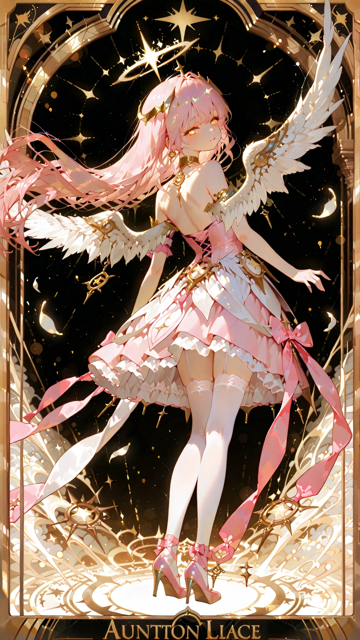 battlemage_neopresencia,,,,,,.00,Outstanding work, slightly realistic, of extraordinary quality, very beautiful, ultra-high resolution, high resolution, anime style-----Show your full body. Look from a distance..Mature woman, tall figure.(Horror flavor :0.7),*****************Very delicate eyes and facial features. Tarot card series style. Angel Card. Tinkle-style anime painting, a cute young girl with a drowsy expression, white angel wings on her back, a bow at the end of her floating hair and a drowsy expression, puffy eyes, wearing a magical light pink dress with many bows and lace, and decorations, fluffy and light, bright yet soft colors, fine details, fantasy! The bright and clear light is ethereal. The petals falling in the background are white stockings and lace-up high heels. Full-body photo of the character, full-body photo of the person, front view