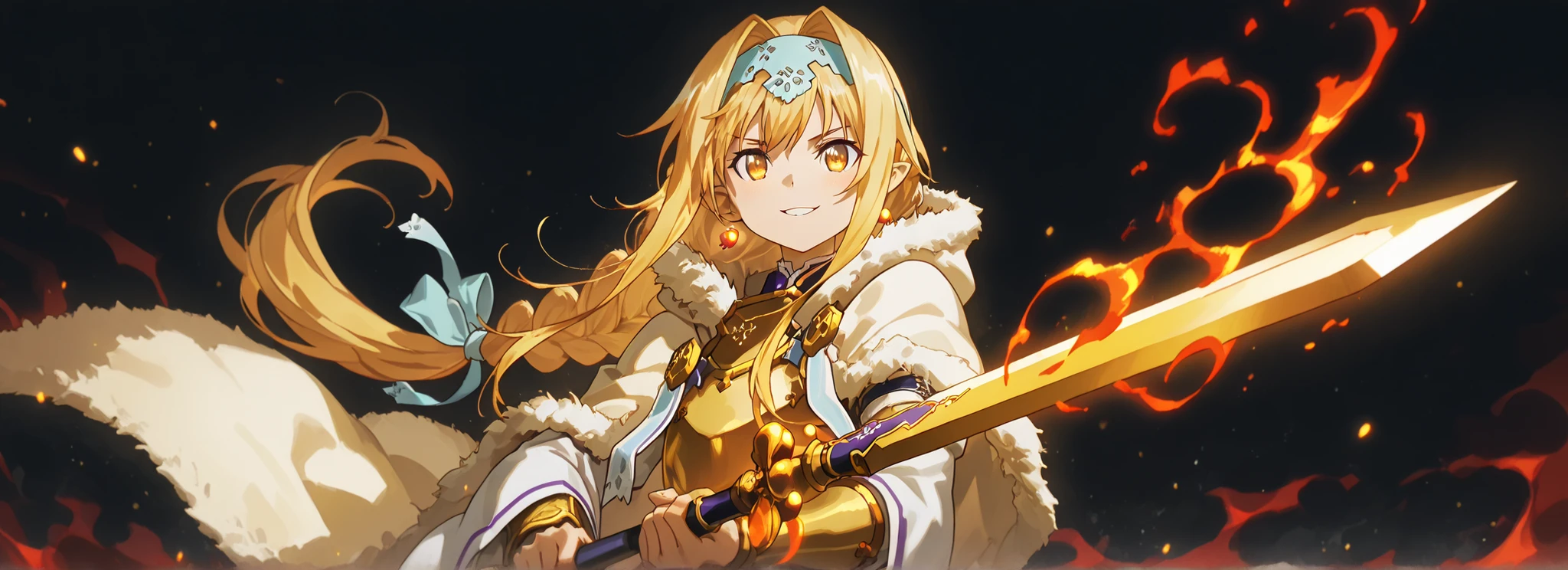 A short, solitary male character, a young teenager, about 1.5 meters tall. He stands alone against a deep black background, making him stand out vividly. His physique, face, and height are exactly like Lloyd de Saloum.
He has long blonde hair styled exactly like Alice Zuberg from Sword Art Online, with a braid tied halfway by a ribbon before flowing freely. A blue headband, identical to Alice Zuberg’s, rests on his head. His bright golden eyes shine with intensity. His expression is provocative and confident, marked by a daring, mocking smile. He has pointed ears and a long golden monkey tail.
Outfit:
He wears an ornate white Chinese robe trimmed with golden motifs. Draped over his right shoulder is a flowing golden fur cloak, soft and radiant like a divine cloud, falling nearly to the ground. The cloak is fastened with gold medals and chains that cross to his left shoulder. Golden Chinese armor pieces protect his left shoulder and both arms. He is barefoot.
Weapon:
In his right hand, he firmly grasps a massive black staff with golden ornaments on the tips, a massive weapon made of black stone, with visible cracks that glow faintly with energy. The staff is supposed to represent Sun Wukong's staff from the myth of the Journey to the West.
In his left hand, he holds a ball of golden energy with glowing red dots, radiating power.
Pose and Atmosphere:
He assumes a bold, dynamic battle stance, facing the viewer directly with a playful yet arrogant look. His left hand conjures a golden sphere of energy streaked with glowing red sparks, radiating raw power.
Atmosphere and Style:
Male character, youthful energy.
Ultra-detailed, sharp, clean anime style. Deep black background with cinematic lighting accentuating his short stature and powerful aura. Golden jeweled earrings glimmer in the light.
The character is a boy. The character is male. The character is male.