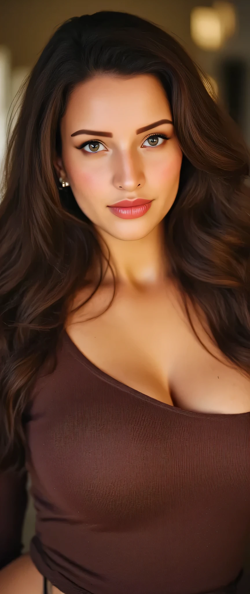 incredibly absurd long sexy brown hair style ,ultra-detailed, CG, unit, wallpaper 8k), (masterpiece), (realistic), (photorealistic: 1.2), (raw photo: 1.2), (best quality: 1.2), (detailed face: 1.4), (beautiful detailed eyes: 1.2), (detailed hair), light on face, huge file size, cinematic lighting, 1 girl, sexy, nsfw, eyeliner, kawaii, student, long hair, brown hair, ((wavy hair)), hair ornament, ((light blush)), ((soft under the eyes)), ((expressionless eyes)), blue eyes, ((large breasts)), fashi-g, red lips, makeup, shirt lift, ((brown deep neck sweater), black knees, high heels, jewelry, earrings, necklace, looking at the viewer, depth of field, big breast deep cleavage, beautiful face,mascara , front view , sexy long hair style, erotic looks , tight breast curves