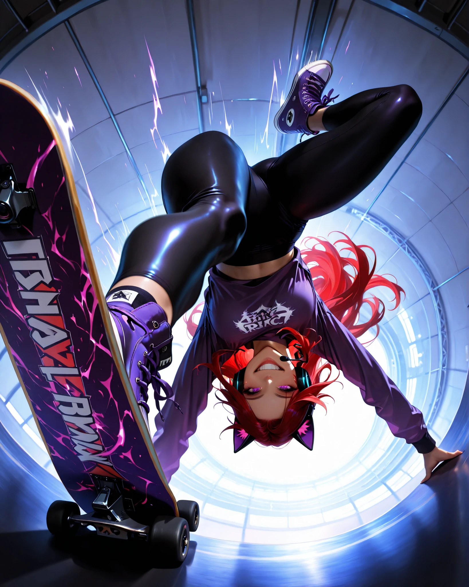 low angle, (masterpiece, 4k, ultra detailed, vivid colors, dynamic pose, professional camera angles), {1woman}: (a beautiful and attractive woman, long red hair, expressive purple eyes, wearing a headset with cat ears, a purple top, very short black leggings, purple Converse sneakers, smiling and winking, is skateboarding and doing a radical trick on a skateboard ramp, upside down with one hand firmly holding the skateboard on her feet and the other holding the edge of the ramp for balance, dynamic fisheye perspective, dramatic motion blur, intense perspective, capturing the energy of the stunt), a giant skateboard ramp in a skatepark with beautiful lighting, vivid shadows and highlights