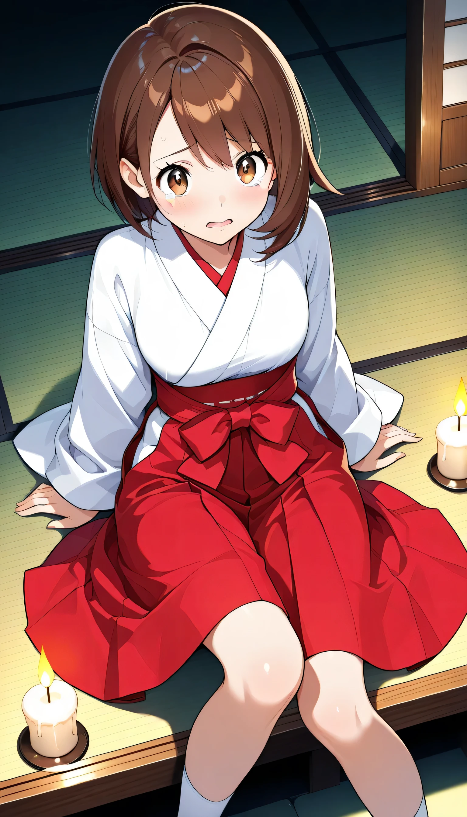 zzGloria, brown hair, brown eyes, very detailedな目と顔, perfect face, perfect hand, perfect legs, perfect fingertips, (Highest Quality, very detailed, CG illustration , masterpiece, best aesthetics),
japanese clothes, miko, red hakama, hakama skirt, white kimono,1girl,
1girl,solo, Sitting on the tatami,scared、
cry,,dark room、night、Darkness、Darkness、Japanese-style room、Candle、、 socks、Angle from Above、