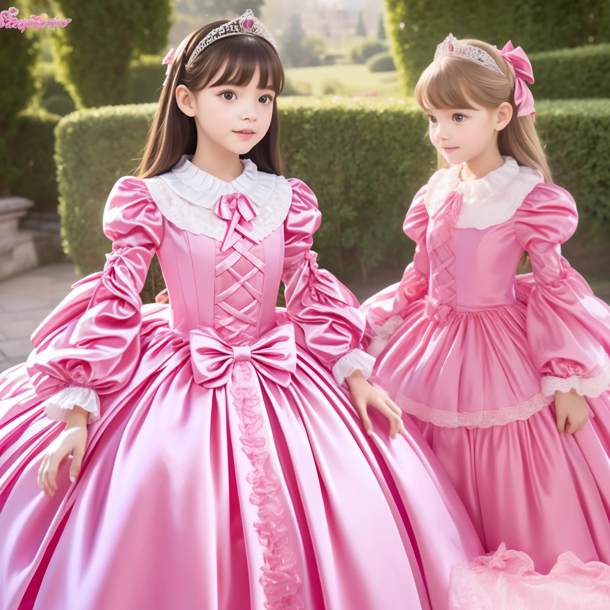 ,Highest Quality, masterpiece, highest resolution, Artwork, super それにget used to it, many get used to it, get used to it, それにget used to it, 8K realistic photo,,((10 year old European girl)),The three are princesses,long ball gown dress with hoop skirt,ruffled yoke collar,puff sleeve,long sleeve,((It features Lolita-style hot pink details、princess satin dress with lots of ruffles and bows featuring lolita-inspired details)),rococo style lolita fashion,shiny satin dress,Soft Smooth Fabric,luxury,long blonde hair, high quality background ,
