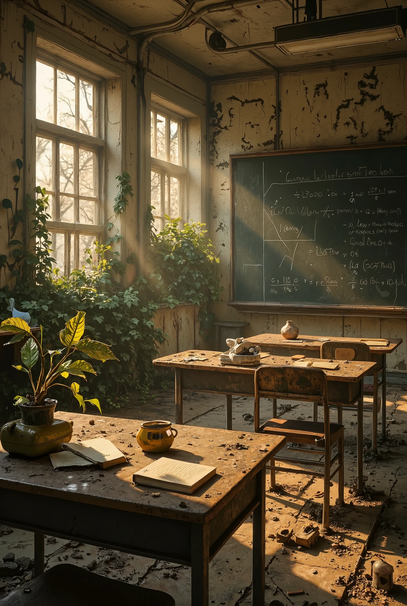 Wide cinematic shot of a "Post-Apocalyptic School". The interior of a vast, decayed classroom, bathed in the haunting light of a perpetual golden hour that streams through broken, boarded-up windows. Thick dust motes float in the air. Rows of dilapidated desks are covered in a layer of dust, ash, and forgotten notebooks. A large chalkboard is half-collapsed, covered in faded equations and ghostly traces of chalk. Nature is reclaiming the space: thick ivy and moss crawl through cracks in the walls, and a young, resilient sapling has burst through the cracked concrete floor near the teacher's desk. In the center of the room, a single, makeshift desk is neatly organized with salvaged items: a stack of pristine books, a pot of ink made from charcoal, and a row of carefully placed geodes and rusted toys instead of textbooks. The atmosphere is one of melancholic silence and quiet resilience. Cinematic lighting, volumetric god rays, hyper-realistic, photorealistic, Unreal Engine 5, detailed textures of decay, dust, and water stains. Style of Simon Stålenhag and a touch of Fallout game concept art.