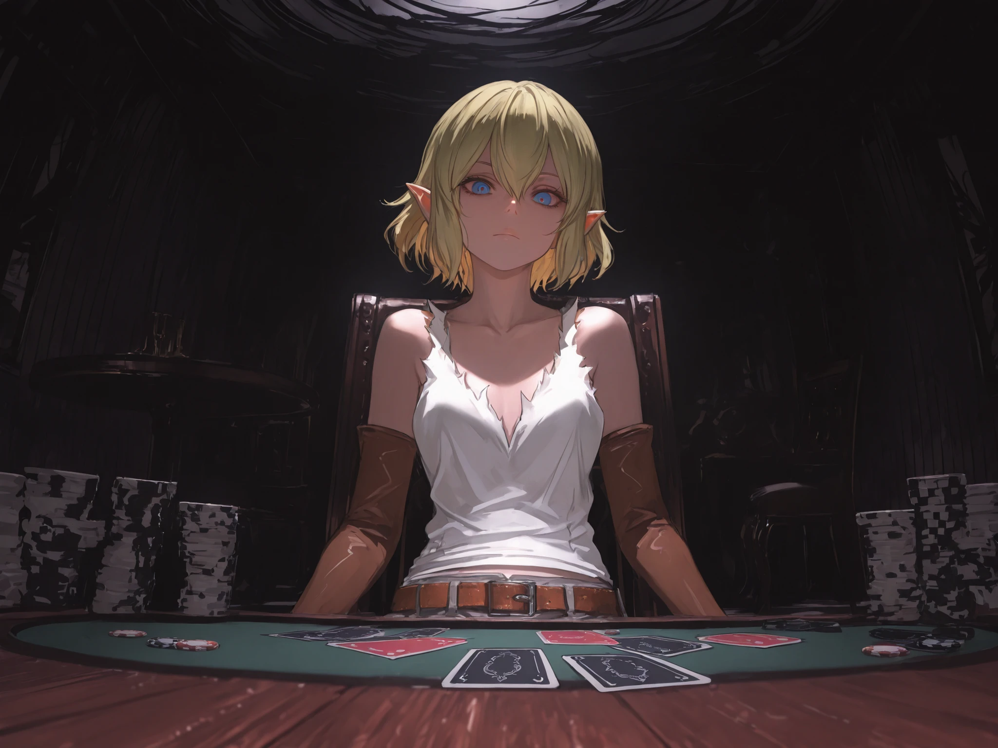 (asymmetrical composition:1.3), masterpiece, best quality, amazing quality, very aesthetic, absurdres, very awa, high resolution, 8k, high-definition rendering, detailed face:1.2, intricate detailed eyes:1.3, anatomically correct,
BREAK
1girl, ryu lion \(danmachi\), solo, short hair, blonde hair, hair between eyes, pointy ears, (blue eyes, beautiful eyes:1.2, calm gaze:1.3, expressionless:1.2, looking at viewer), white tanktops, fabric belt, brown elbow gloves,
BREAK
wide POV shot, 3/4 view, face focus, upperbody, (playing poker:1.2, holds out a stack of cards in front of her:1.4, the mouth is hidden by the cards:1.3, put her elbow on the table, sitting in a simple chair), (extreme fisheye lens:1.2),
BREAK
(dark atmosphere, simple room:1.3), simple-wooden table, dramatic backlit, (cinematic depth), (leading lines:1.2)
