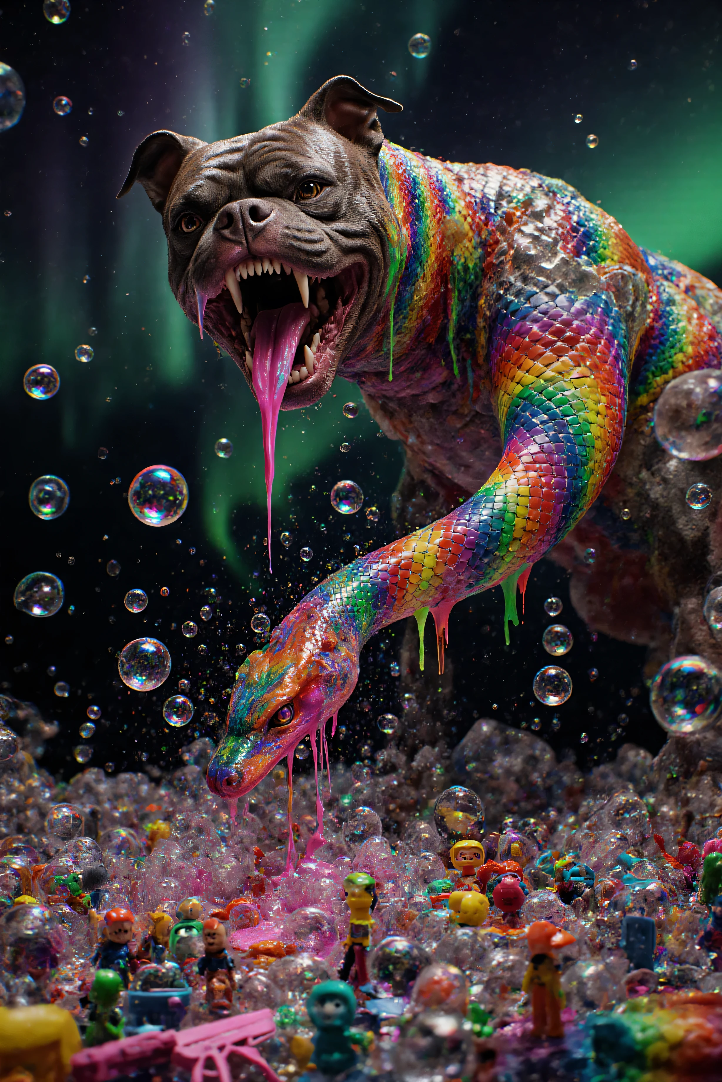 An enormous monstrous entity with the head of a vicious pitbull combined with a king cobra, snarls and growls while saliva drips off its pointed teeth. It's body is like a dinosaur combined with a salamander. Photorealistic, UHD, realistic, portrait photography, cinematic portrait, attention to details of the facial features, textured snake skin, textured dog's head, and hair. Extreme detail on the eyes and teeth. Heavy saliva/drool. Intricate and intense Aurora Borealis, a colorful atmospheric phenomenon going on in the background. A hybrid creature with a muscular pit bull head seamlessly blending into a massive serpentine body, captured in stunning photorealistic detail, drama, intricate reptilian scales, powerful coils, piercing gaze, bared fangs, dramatic lighting, cinematic composition, dark moody atmosphere, dystopian sci-fi environment, 8k, highly detailed, photorealistic, professional, physically-based rendering, unreal engine, dramatic lighting, dark colors, moody colors. Realistic, Photorealistic, 3D, Ultra-realistic, ultra-detailed, 8k, high-res, physically-based rendering, 3D realism. There are hundreds of quartz crystal formations pointing up and out. Be sure that they are partially translucent and radiate color in the bright full sunlight. There are hundreds of giant quartz crystals, Awesome Site! 8K Octane, Action Painting, Cinematic, Cinematography, Conceptual Art, Digital Art, Fujicolor, Ultra-realistic Photorealistic, Portrait Photography, Surrealism, Unreal Engine, shine and gloss on the crystals, Cinematic Lighting, Glowing Light, Reflection Light, ethereal, dream-like atmosphere, Ultra realistic, UHD, Super Detailed, Best Quality, Award Winning, Masterpiece, Ultra-realistic, photo-realistic, ultra-detailed, 8k, high-res, physically-based rendering, 3D realism. In hues of Pink, Red, Orange, Yellow, Green, Blue, Cinematic, Cinematography, Conceptual Art, Digital Art, Fujicolor, Ultra-realistic Photorealistic, Portrait Photography, Surrealism, Unreal Engine, shine and gloss on the crystals, Cinematic Lighting, Glowing Light, Reflection Light, ethereal, dream-like atmosphere, Ultra realistic, UHD, Super Detailed, Best Quality, Award Winning, MasterpiecePiled up Plastic toys, squirt guns, tricycles, dolls with large busts, action figures, ball bats, frisbees, yo yos and many other toys in all different vibrant colors melted with incredible heat, as the different colors move down towards the viewer and run together they come in contact with acid and bubble ferociously, then coming closer to the viewer the run together colors jump off the surface they are on and are coming right at the viewer's eyes as the image is captured in stunning 3D. Splat towards the viewer! Cinematic photography, cinematic portrait, cinematic lighting, portrait photography, cinematography, 3D, macro photography, perspective from above,3D Rendering, 8K Octane, Action Painting, Artistic, Cinematic, Digital Art, Fujicolor, Hyperdetailed, Hyperrealism, Photorealistic, Realism, Depth Of Field, Symmetry, Vanishing Point, 3D Isometric, High Resolution, Super Detailed, Best Quality, Award Winning, Masterpiece. In a room with mirrors for walls, glass is morphing from colors inside of intricate rainbow patterns, perfectly formed symmetrical spheres and glowing reflective bubbles are everywhere melting into fizzy neon patterns carpeting the ground. Attention to detail on the bubbles and spheres, rainbows of color twisted in and out of translucent orbs, spilled paint and spirals of swirling color in the background, beautiful psychedelic digital art, neon colors, 4d mandelbulb psychedelics, glass-like psychedelic landscape, intricately carved out environment, psychedelic underwater brightness, trails of color and light, bright fluorescent colors, very bright vibrant colors, neon colors, colorful paint drips out of the bubbles, 3D glass spheres melting into each other spilling out colors, hallucination inducing, startling, stunning images, awe-inspiringly, best quality wallpaper, portrait photography, surrealism, photorealistic, hyperdetailed, glass morphism, glowing light, reflection light, depth of field, rotational symmetry, UHD, high details, high quality, super detailed, best quality, award winning, masterpiece