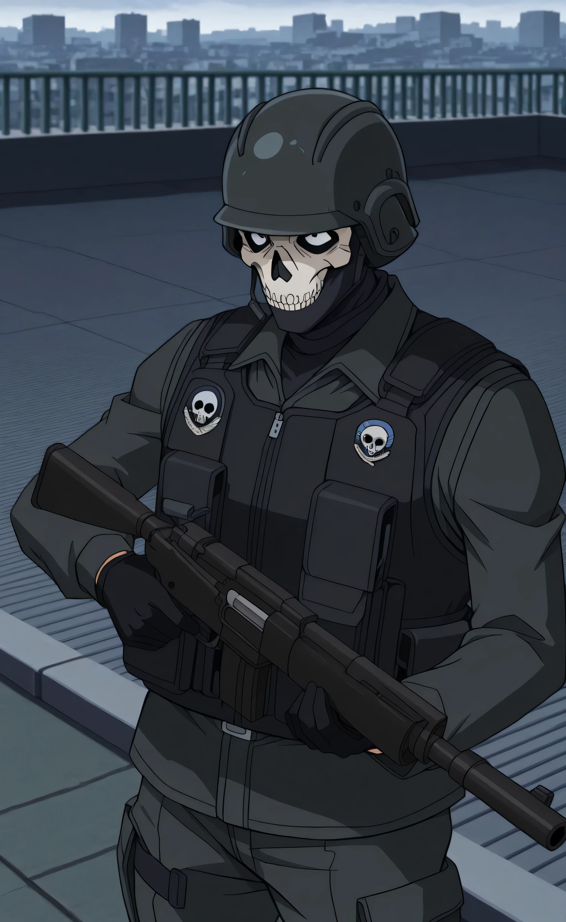 1male, solo, Simon "Ghost" Riley, skull face, fast helmet, black shirt,black Ballistic vest, black Military Combat Uniform, special forces, gun, rooftop, Detective Conan Style