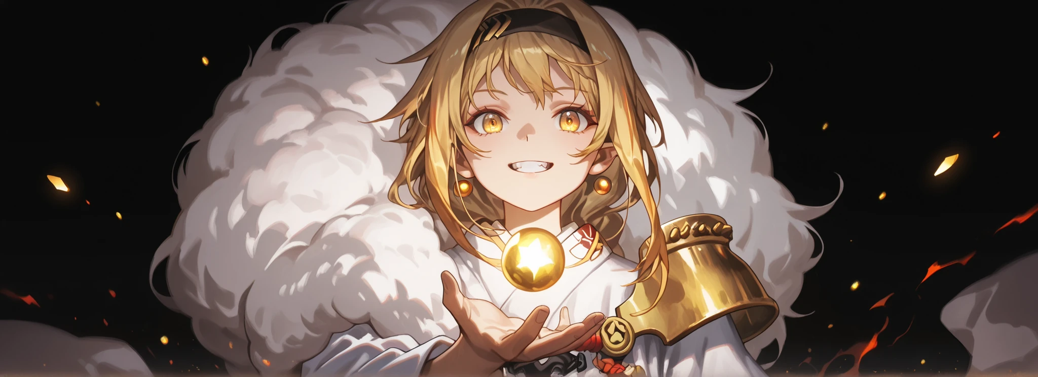 A short, solitary male character, a young teenager, about 1.5 meters tall. He stands alone against a deep black background, making him stand out vividly. His physique, face, and height are exactly like Lloyd de Saloum.

He has long blonde hair styled exactly like Alice Zuberg from Sword Art Online, with a braid tied halfway with a ribbon before flowing freely. A black headband, identical to Alice Zuberg’s, rests on his head. His golden eyes shine intensely. His expression is provocative and confident, marked by a daring, mocking smile. He has pointed ears and a long golden monkey tail.

Outfit:
He wears an ornate white Chinese robe. Draped over his right shoulder is a flowing golden fur cloak (like Sesshoumaru’s), soft and radiant like a divine cloud, falling almost to the ground along his back. The cloak is fastened with gold medals and chains that cross to his left shoulder. He has a golden pauldron on his left shoulder with the design of an oni face.

Weapon:
In his right hand, he firmly grips a massive black greatsword with a few golden ornaments on the tips, a massive weapon made of black stone, with visible cracks that glow faintly with energy. In his right hand, he firmly grips a massive black greatsword with a few golden ornaments on the tips, a massive weapon made of black stone, with visible cracks that glow faintly with golden energy.

In his left hand, he holds a ball of golden energy with glowing dots, radiating power.

Pose and Atmosphere:
He assumes a bold, dynamic battle stance, facing the viewer directly with a playful yet arrogant look. His left hand conjures a golden sphere of energy streaked with glowing red sparks, radiating raw power.

Atmosphere and Style:
Male character, youthful energy.
Ultra-detailed, sharp, clean anime style. Deep black background with cinematic lighting accentuating his short stature and powerful aura. Golden jeweled earrings glimmer in the light.

The character is a boy. The character is male. The character is male.