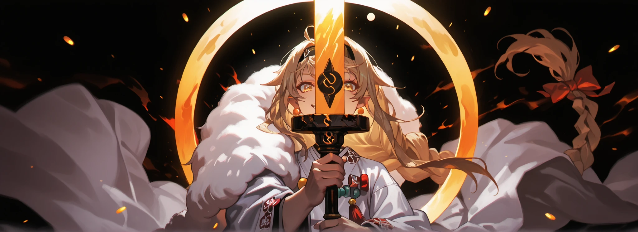 A short, solitary male character, a young teenager, about 1.5 meters tall. He stands alone against a deep black background, making him stand out vividly. His physique, face, and height are exactly like Lloyd de Saloum.
He has long blonde hair styled exactly like Alice Zuberg from Sword Art Online, with a braid tied halfway with a ribbon before flowing freely. A black headband, identical to Alice Zuberg’s, rests on his head. His golden eyes shine intensely. His expression is provocative and confident, marked by a daring, mocking smile. He has pointed ears and a long golden monkey tail.
Outfit:
He wears an ornate white Chinese robe. Draped over his right shoulder is a flowing golden fur cloak (like Sesshoumaru’s), soft and radiant like a divine cloud, falling almost to the ground along his back. The cloak is fastened with gold medals and chains that cross to his left shoulder. He has a golden pauldron on his left shoulder with the design of an oni face.
Weapon:
In his right hand, he firmly grips a massive black greatsword with a few golden ornaments on the tips, a massive weapon made of black stone, with visible cracks that glow faintly with energy. In his right hand, he firmly grips a massive black greatsword with a few golden ornaments on the tips, a massive weapon made of black stone, with visible cracks that glow faintly with golden energy.
In his left hand, he holds a ball of golden energy with glowing dots, radiating power.
Pose and Atmosphere:
He assumes a bold, dynamic battle stance, facing the viewer directly with a playful yet arrogant look. His left hand conjures a golden sphere of energy streaked with glowing red sparks, radiating raw power.
Atmosphere and Style:
Male character, youthful energy.
Ultra-detailed, sharp, clean anime style. Deep black background with cinematic lighting accentuating his short stature and powerful aura. Golden jeweled earrings glimmer in the light.
The character is a boy. The character is male. The character is male.