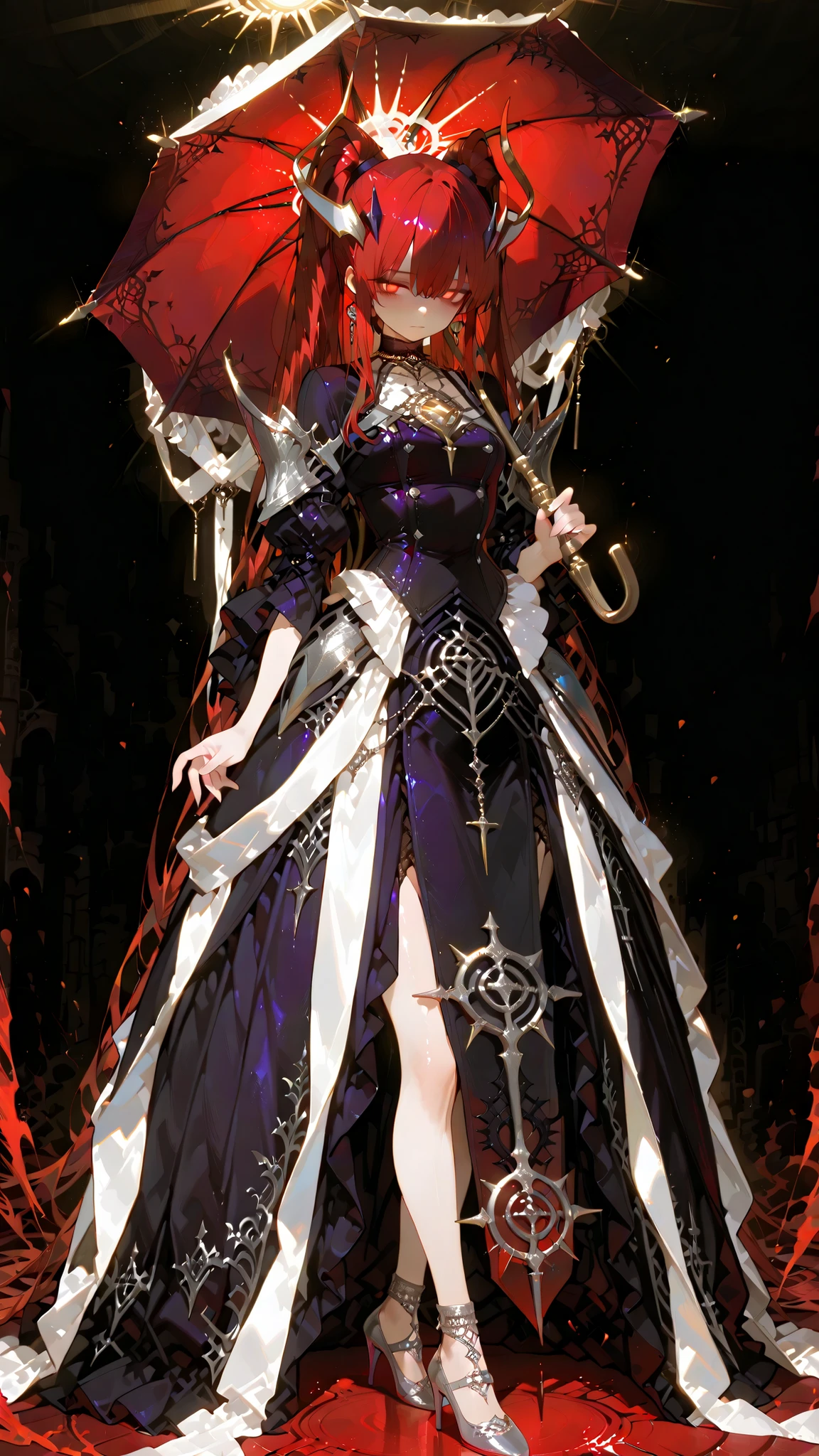 battlemage_neopresencia,,,,,,.00,Outstanding work, slightly realistic, of extraordinary quality, very beautiful, ultra-high resolution, high resolution, anime style-----Show your full body. Look from a distance..Mature woman, tall figure.(Horror flavor :0.7),*****************. 2/4 character, Gothic Lolita girl, high double ponytail hairstyle, hair color: From deep purple roots gradually to black tips, precisely colored, consistent throughout all renderings, sharp deep red eyes, Gothic Lolita-style black and deep purple dress with layered ruffles, silver cross details, black lace necklace, silver high heels with silver chains, luxurious black parasolla, height details, smooth skin, subtle highlights Dramatic shadows, tightly grasping the sunshade on the chest. Highly detailed, smooth skin, subtle highlights, dramatic shadows, ultra-fine fabric texture, tightly grasping the sun umbrella on the chest, shy yet elegant, random dynamic posture tight