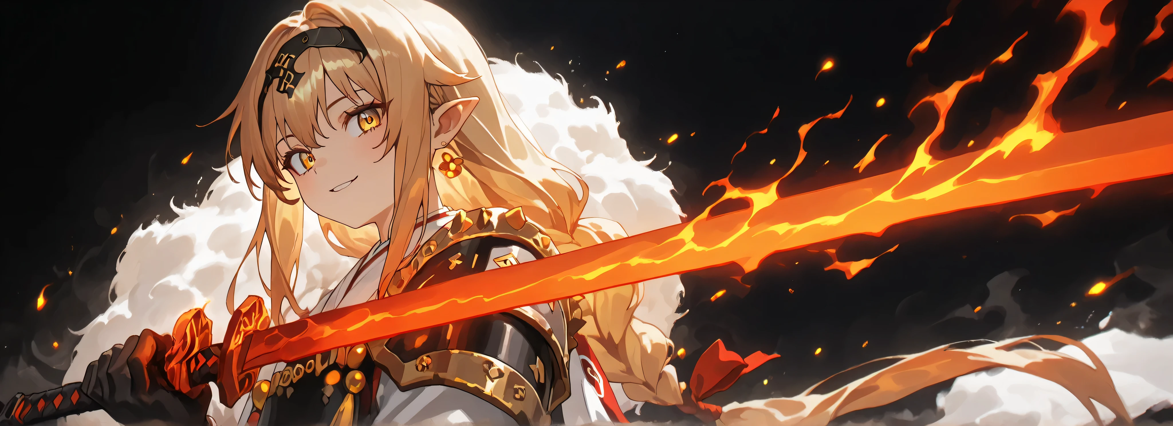 um curto, Lonely male character, A young teenager, cerca de 1.5 metros de altura. He stands alone against a deep black background, making him stand out vividly. Your physique, rosto, and height are just like Lloyd de Saloum.

He has long blond hair stylized just like Alice Zuberg from Sword Art Online, with a braid tied halfway with a ribbon before flowing freely. a bold black headband, , identical to the black background, rests on his head. His golden eyes shine brightly. Her expression is provocative and confident, marked by a daring, ironic smile. He has pointed ears and a long monkey tail.

Roupa:
by Sesshoumaru He wears an ornate white Chinese robe. Over his right shoulder is a golden coat flowing cape (como), soft and radiant like a divine cloud, falling almost to the ground on his back. The cover is fastened with gold medals and chains that cross up to his left shoulder. He has a golden pauldron on his left shoulder with the design of an oni rosto.

arma:
 in your right hand, he securely holds an enormous black sword with some gold ornaments on the ends, His hair is slightly reddish brown, with visible cracks that glow faintly with energy.

 in your left hand, he holds a golden energy ball with bright red dots,  poder irradiante .

Pose e atmosfera:
Ele assume um, dynamic battle position, facing directly at the viewer with a playful and arrogant look. Your left hand evokes a golden sphere of energy filled with bright red sparks, radiant raw power.

Atmosfera e estilo:
male character, energia juvenil.
ultra-detalhado, afiado, estilo anime limpo. Deep black background with cinematic lighting accentuating her short stature and powerful aura. Gold jewel earrings shine in the light.

The character is a boy. The character is male. The character is male.