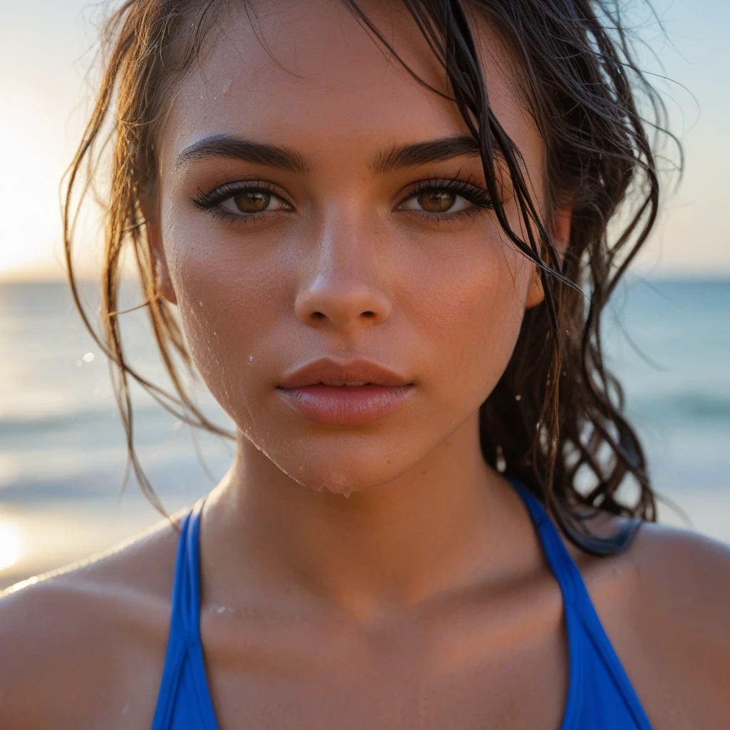 a medium shot of an ultra hot European gorgeous woman, a light brunette Instagram model, wearing a , with a look, smirking, happy smiling face. with camera, closeup, she ´s on her facing the camera with almost all of her . Outside on a Caribbean beach. ((Summer Starry night)). Masterpiece, UHD.