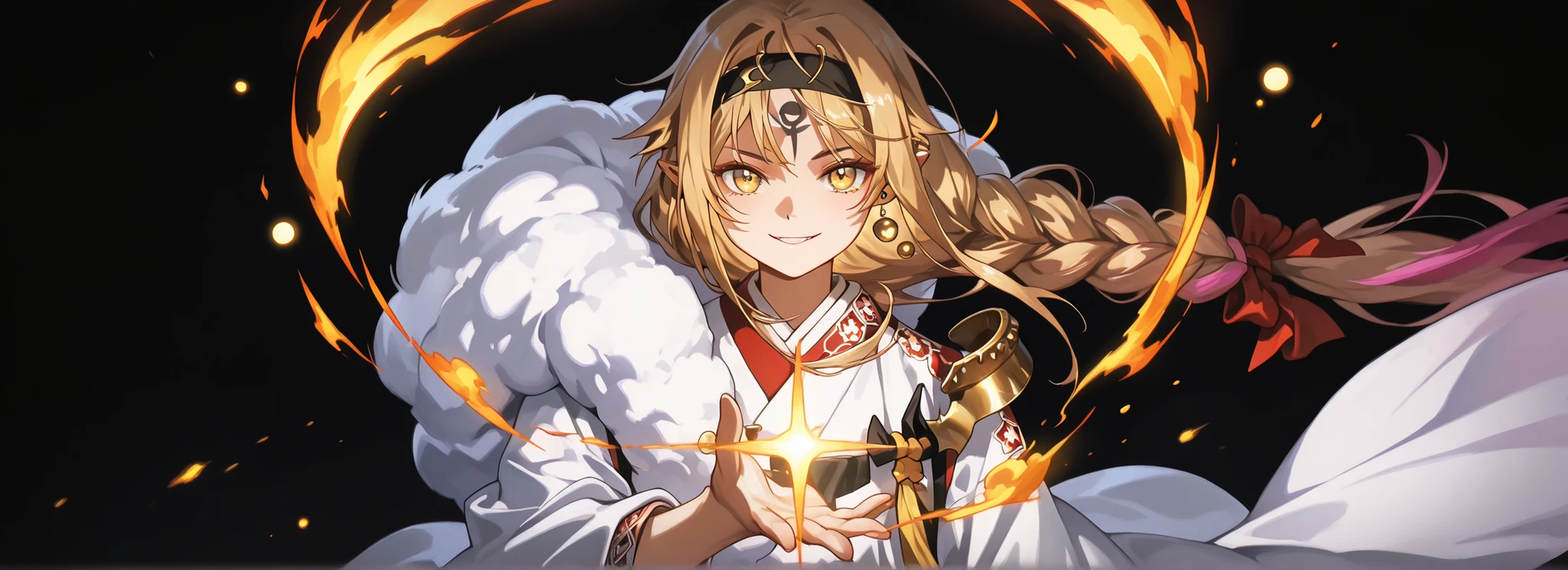 A short, solitary male character, a young teenager, about 1.5 meters tall. He stands alone against a deep black background, making him stand out vividly. His physique, face, and height are exactly like Lloyd de Saloum.

He has long blonde hair styled exactly like Alice Zuberg from Sword Art Online, with a braid tied halfway with a ribbon before flowing freely. A black headband, identical to Alice Zuberg’s, rests on his head. His golden eyes shine intensely. His expression is provocative and confident, marked by a daring, mocking smile. He has pointed ears and a long golden monkey tail.

Outfit:
He wears an ornate white Chinese robe. Draped over his right shoulder is a flowing golden fur cloak (like Sesshoumaru’s), soft and radiant like a divine cloud, falling almost to the ground along his back. The cloak is fastened with gold medals and chains that cross to his left shoulder. He has a golden pauldron on his left shoulder with the design of an oni face.

Weapon:
In his right hand, he firmly grips a massive black greatsword with a few golden ornaments on the tips, a massive weapon made of black stone, with visible cracks that glow faintly with energy. In his right hand, he firmly grips a massive black greatsword with a few golden ornaments on the tips, a massive weapon made of black stone, with visible cracks that glow faintly with golden energy.

In his left hand, he holds a ball of golden energy with glowing dots, radiating power.

Pose and Atmosphere:
He assumes a bold, dynamic battle stance, facing the viewer directly with a playful yet arrogant look. His left hand conjures a golden sphere of energy streaked with glowing red sparks, radiating raw power.

Atmosphere and Style:
Male character, youthful energy.
Ultra-detailed, sharp, clean anime style. Deep black background with cinematic lighting accentuating his short stature and powerful aura. Golden jeweled earrings glimmer in the light.

The character is a boy. The character is male. The character is male.