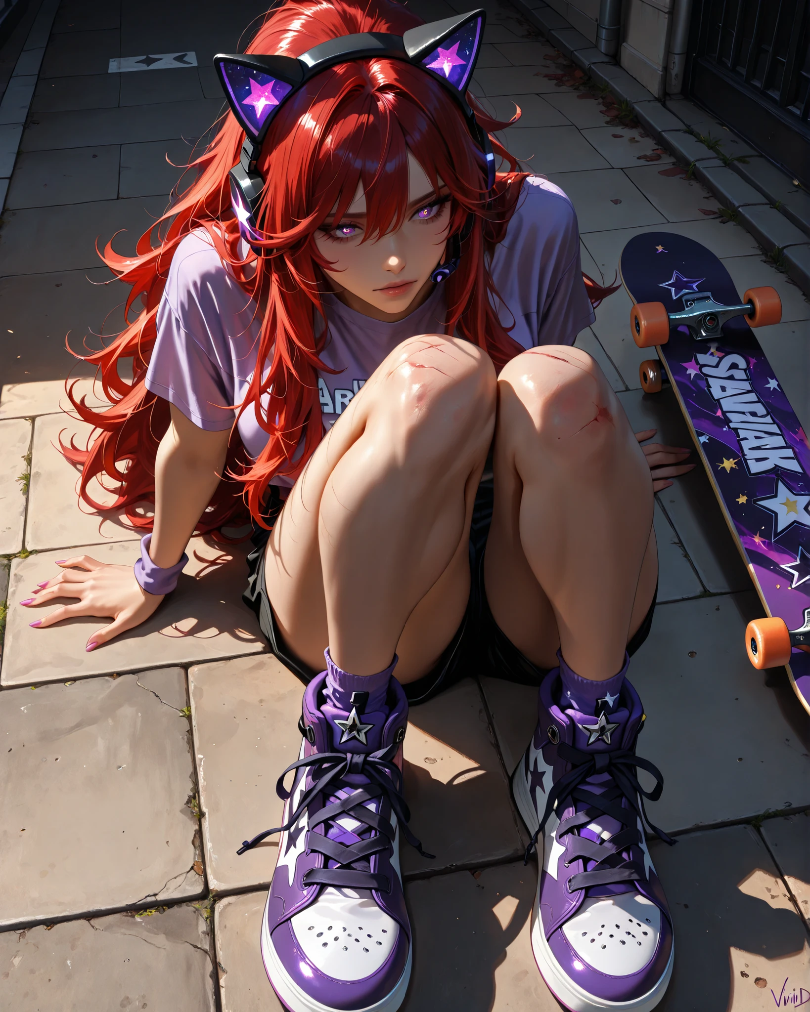 high angle, (masterpiece, 4k, ultra detailed, vivid colors, anime style, natural pose, slice of life aesthetic), {1woman}:(a beautiful and relatable anime girl, long red hair slightly messy, expressive purple eyes with a hint of embarrassment, wearing her signature cat ears headset, a purple top, very short legging black shorts, purple all star sneakers), she has fallen off her skateboard, sitting on the ground holding her knee with a small visible scrape, skateboard lying tipped over nearby, sunlight casting soft shadows on the pavement, expression is a mix of pain and playful frustration, realistic detail on the scraped knee, casual street background, warm and bright colors, cinematic lighting