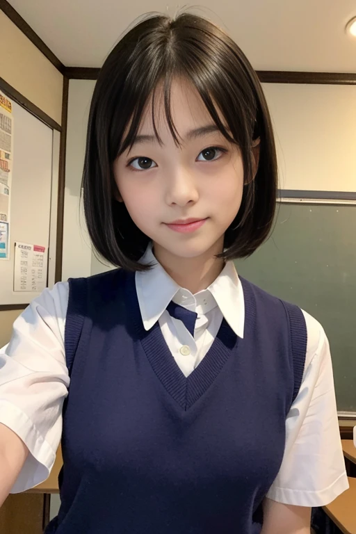 ((High definition)),((high resolution)),((High definition)),((detailed)),((8K)),((Perfect Face)),((Perfect body)),((Realistic)),((Real)),((Realistic)),((beautiful girl)),((school uniform)),Short Hair、Short skirt、Looking up、 and peer at me、Smile with your mouth closed、Jet black hair、Dark brown eyes、Double eyelids、Big Eyes、Schoolyard、blue sky、sunny