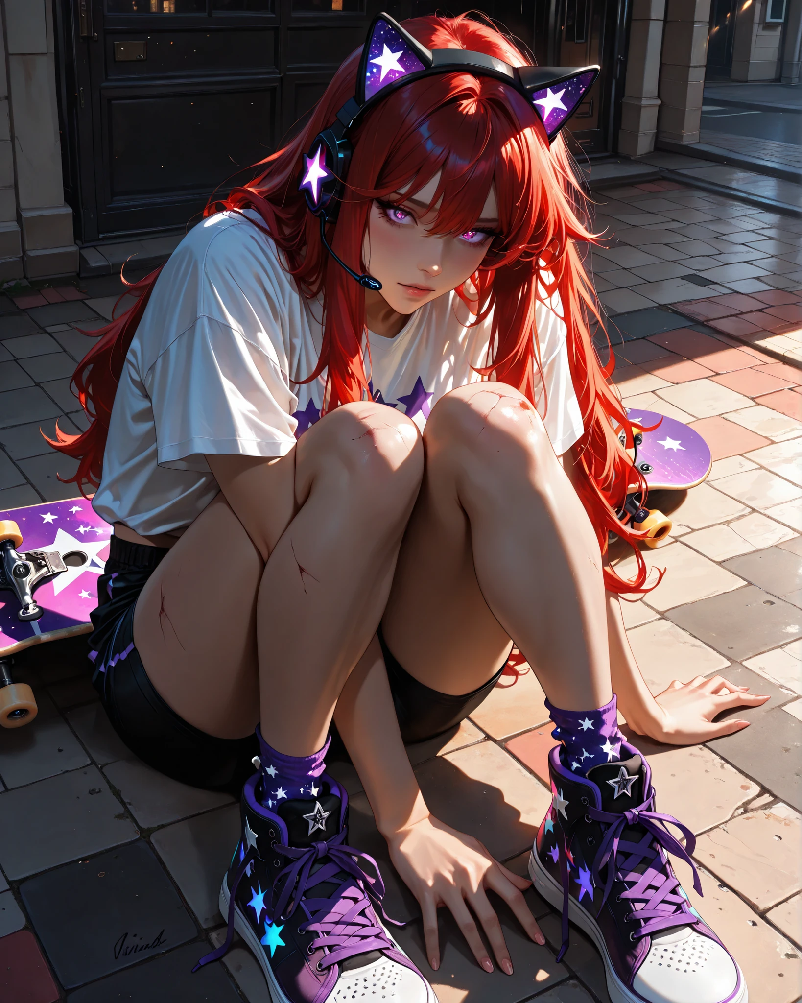 (masterpiece, 4k, ultra detailed, vivid colors, anime style, natural pose, slice of life aesthetic), {1woman}:(a beautiful and relatable anime girl, long red hair slightly messy, expressive purple eyes with a hint of embarrassment, wearing her signature cat ears headset, a t-shirt with a cute illustration, very short black shorts, purple all star sneakers), she has fallen off her skateboard, sitting on the ground holding her knee with a small visible scrape, skateboard lying tipped over nearby, sunlight casting soft shadows on the pavement, expression is a mix of pain and playful frustration, realistic detail on the scraped knee, casual street background, warm and bright colors, cinematic lighting