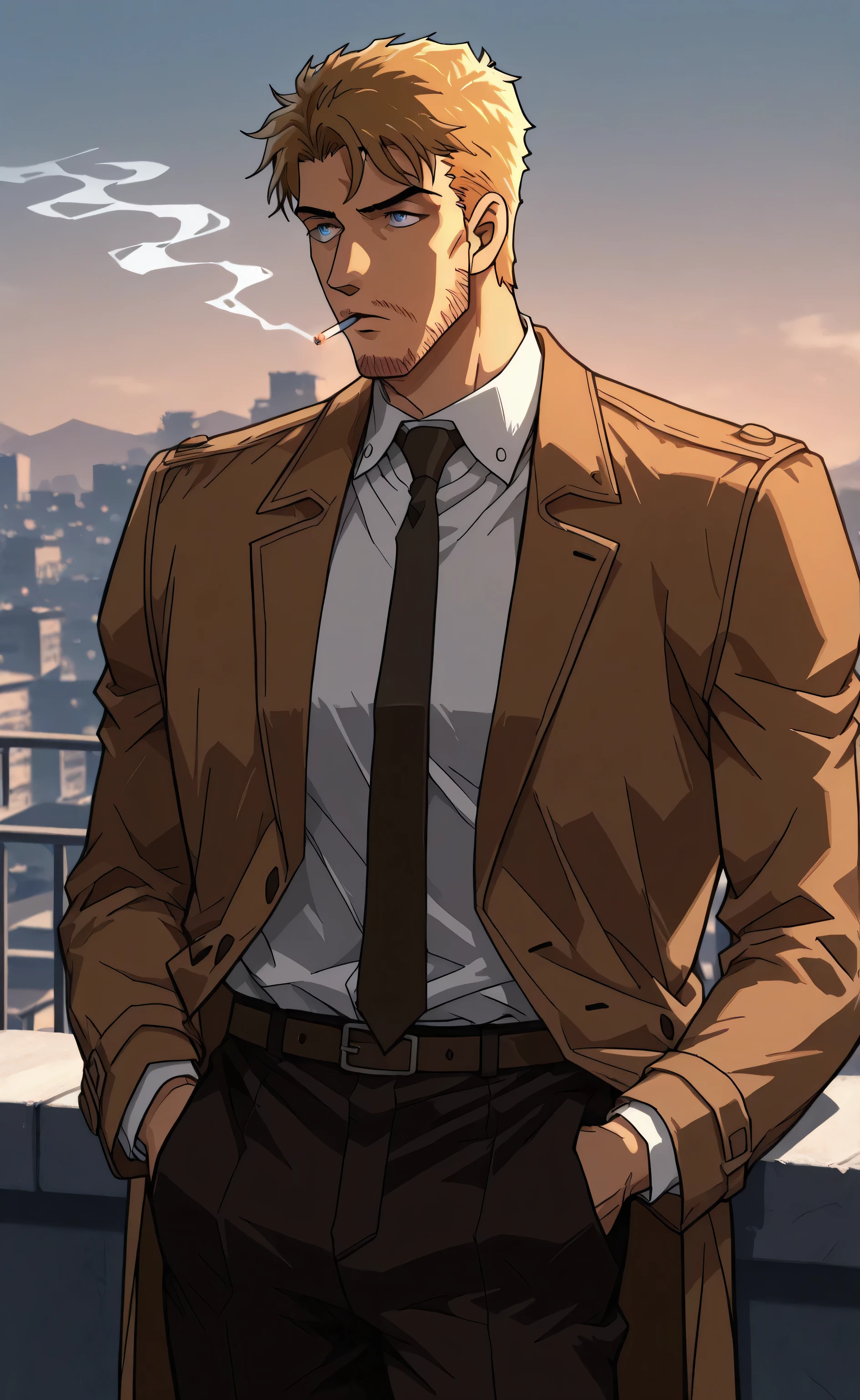 1male, solo, John Constantine, blond hair, short hair, blue eyes, thin beard, brown coat, white shirt, black necktie, black pants, muscle, smoking, cigarette, rooftop, Detective Conan Style