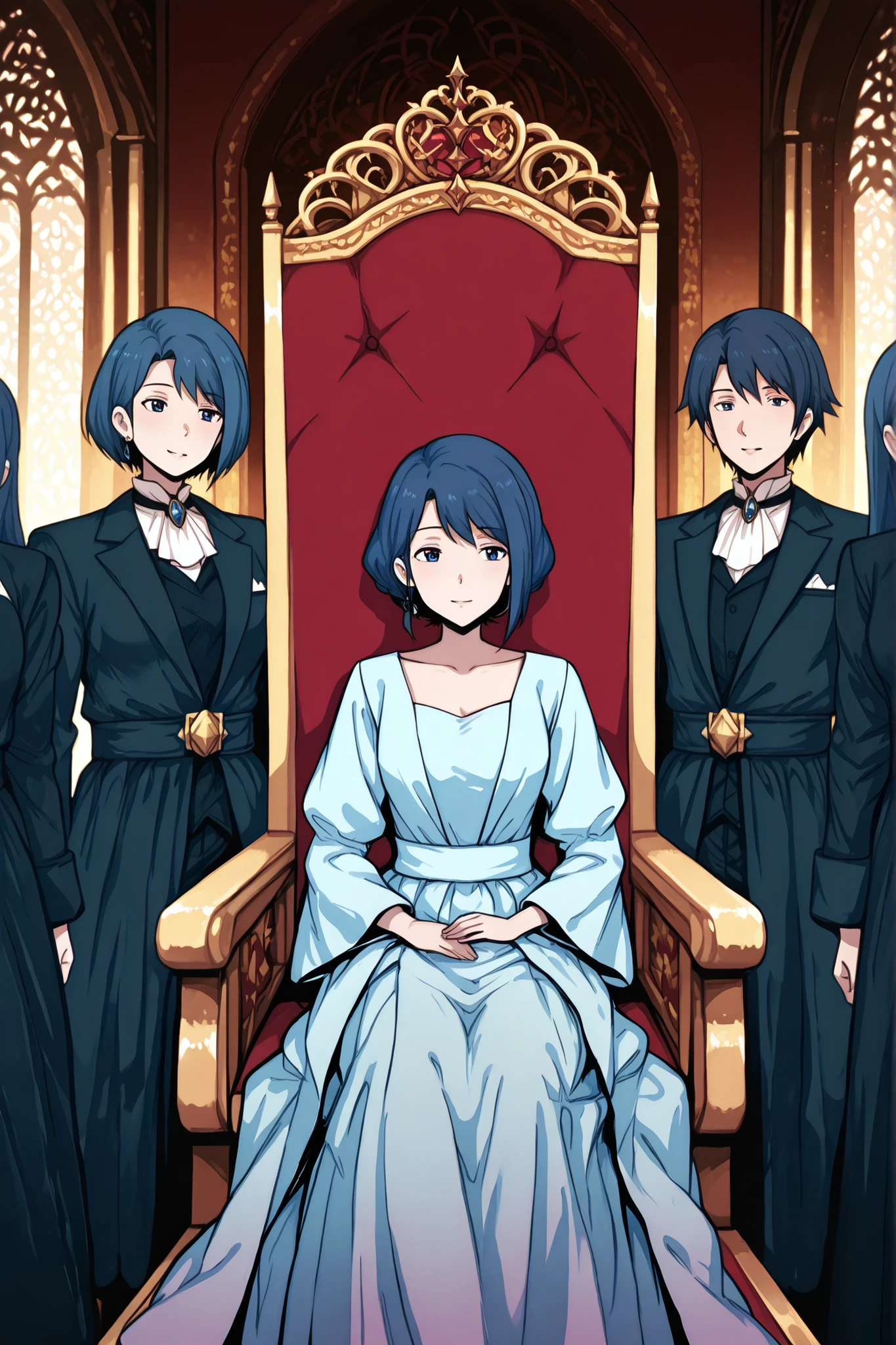 anime boy sitting on a royal throne, confident expression, surrounded by two beautiful anime girls with long blue hair, wearing elegant dresses, romantic atmosphere, soft lighting, luxurious background, fantasy palace style, vibrant colors, anime artstyle, high detail, cinematic shading, ultra detailed, 4k