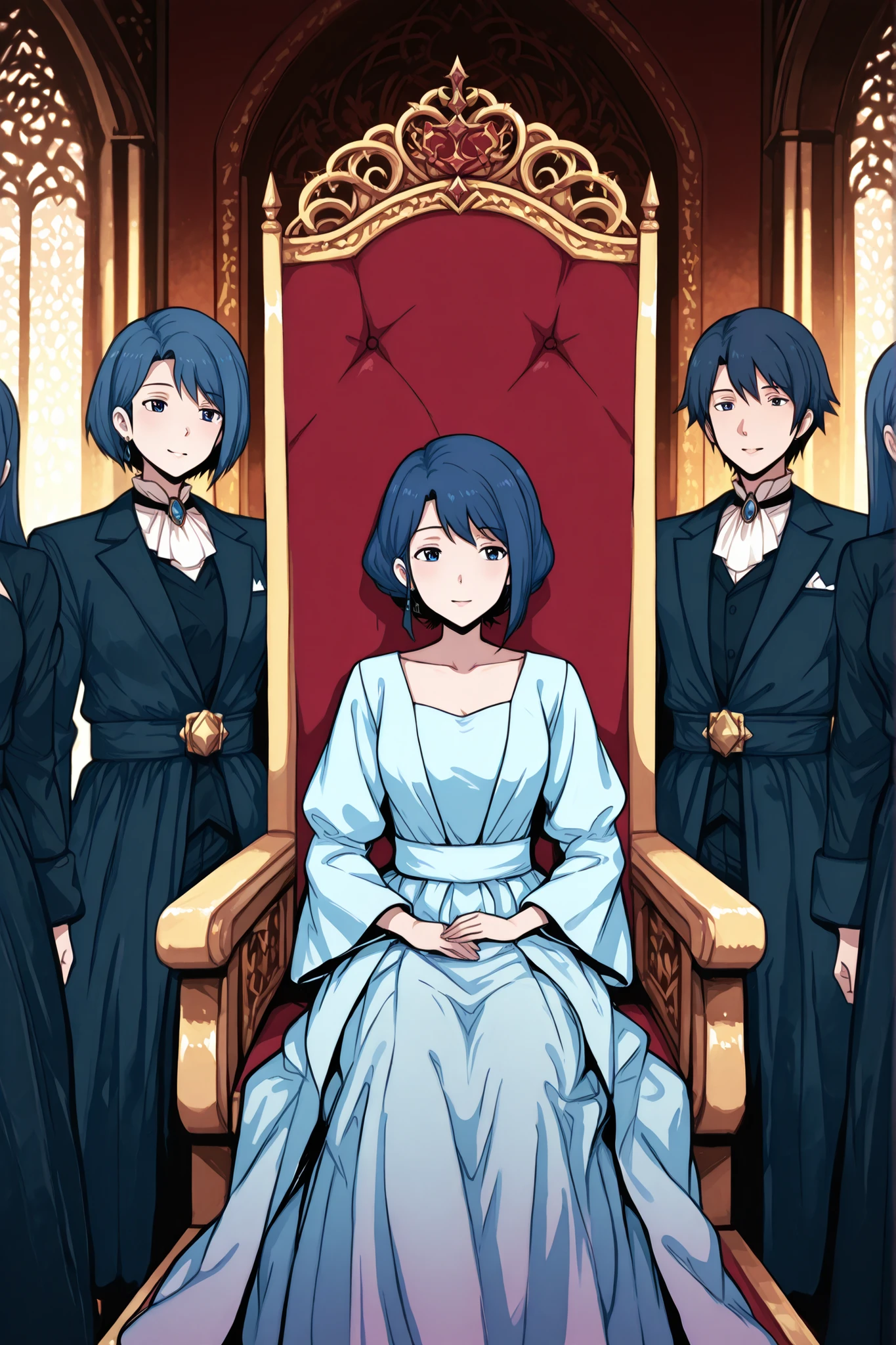 anime boy sitting on a royal throne, confident expression, surrounded by two beautiful anime girls with long blue hair, wearing elegant dresses, romantic atmosphere, soft lighting, luxurious background, fantasy palace style, vibrant colors, anime artstyle, high detail, cinematic shading, ultra detailed, 4k