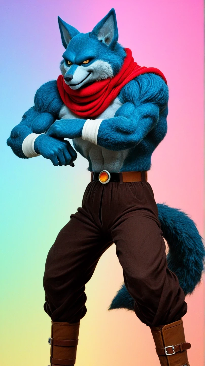Male werewolf blue fur, light hair on the abdomen, wolf tail, Male Wolf, amber eyes, Bergamo (dragon ball super) , red scarf around the neck, belt with simple buckle, standing pose, simple pastel rainbow background , viendo al espectador arrogant look , blue fur, light hair on the abdomen, slim body, dark brown tight pants, Dark brown boots , shirtless , Alone, without humans ,
arrogant look, In front of the spectator, legs separated , Body with muscles , Bodybuilder Pose Motorcycle Clothing, in front