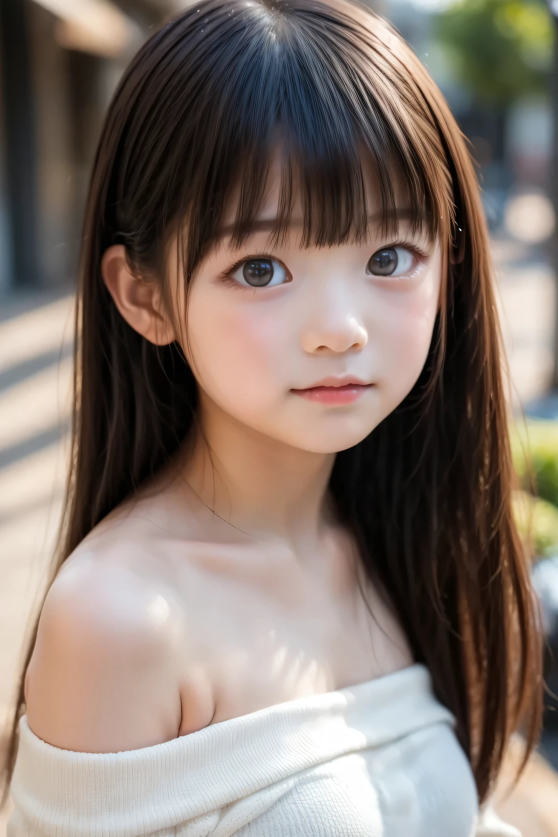 (Young child)、Cute、((Baby face))、Black semi-long hair, long bangs, (Detailed face, Detailed dark brown eyes), Face focus, Collarbone, Off-shoulder,