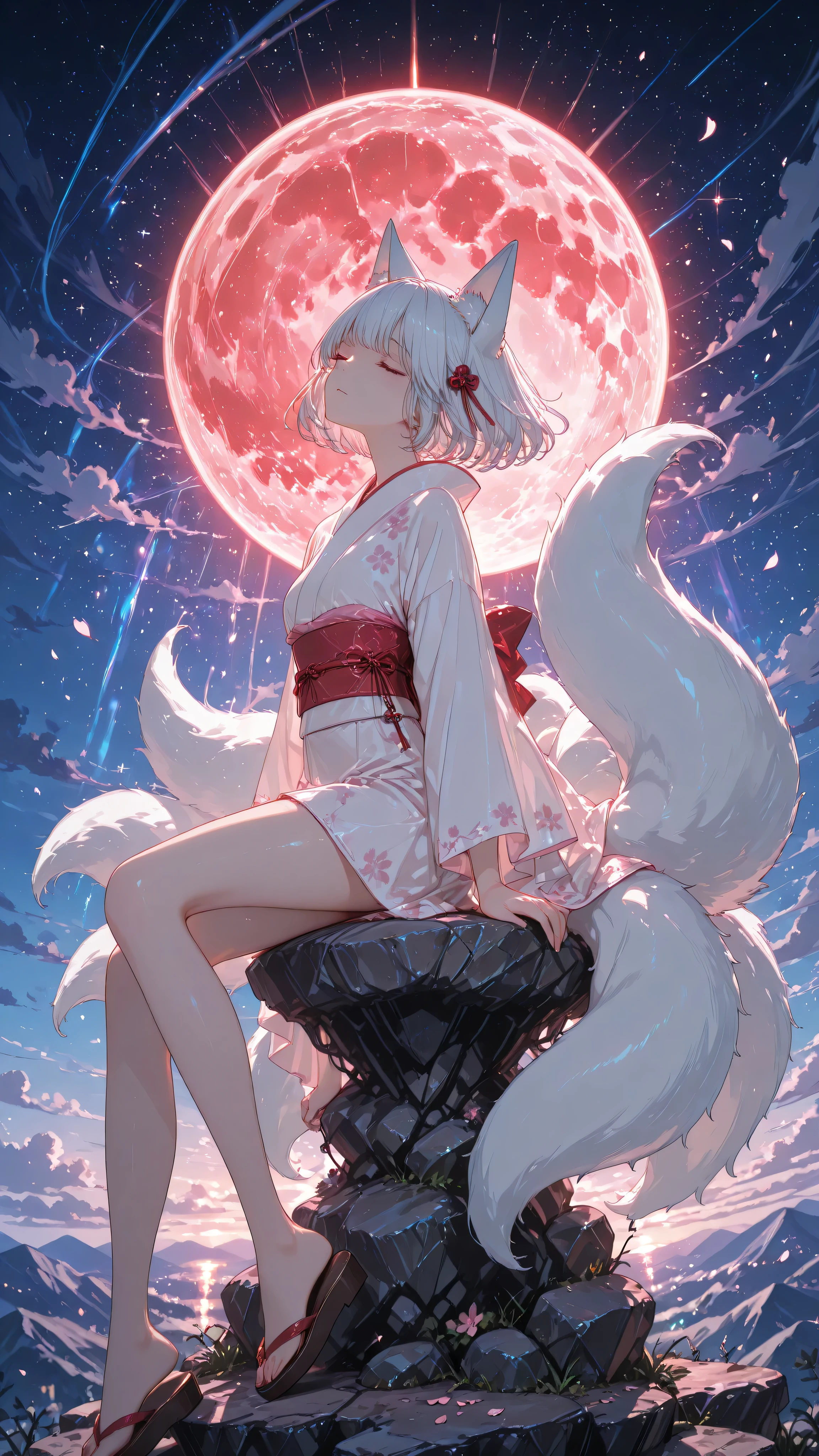 (masterpiece, better quality, ultra-detailed, anime illustration, official art, resolution 8k: 1.3) anime key image: 1 beautiful young woman with kitsune ears and nine gorgeous tails(snow-white hair, snow-white ears, snow-white tails)anime key image, 1 kitsune (nine-tailed: 1.3), depicting a huge blood moon, the moon is extremely detailed, with visible craters, glowing with internal light, kitsune fur is smooth and has a silver-white glow, reflecting moonlight, eyes closed in serene contentment, sitting on a pointed on the edge of a cliff on a starry night, sakura petals, fluttering in the wind, overdetailed, sharp focus, depth of field, cinematic lighting, the style of Makoto Shinkaya and Studio Ghibli are all trending on artstation.