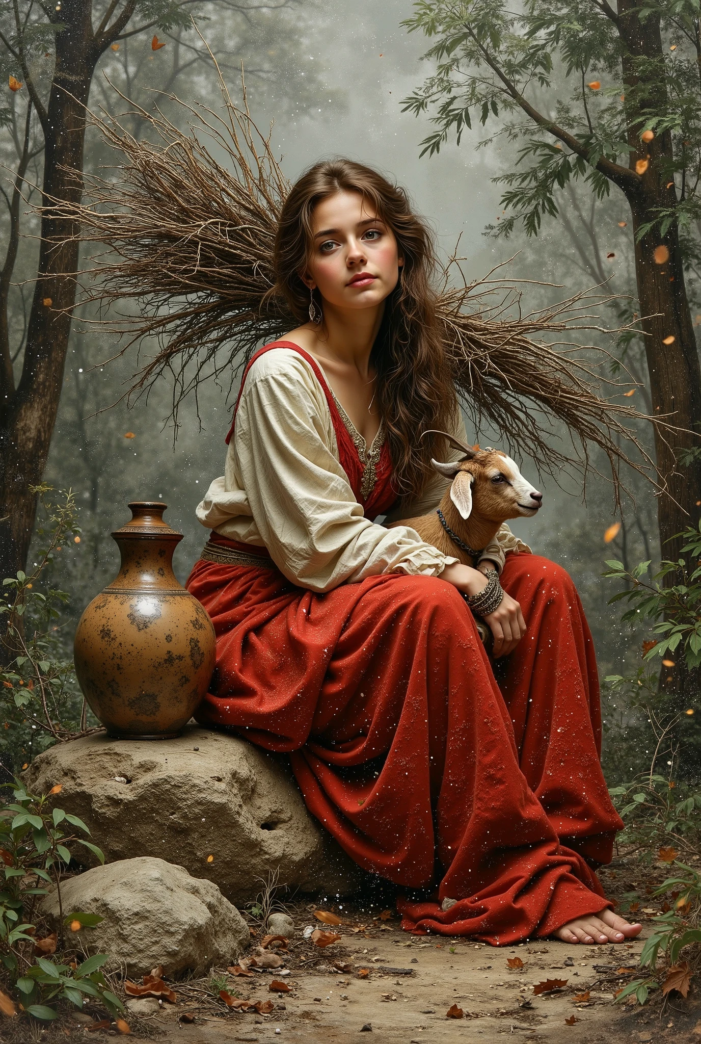 created a painting with oil painting with huge details , In the style of the artist Leonardo Davinci , The art of the era of European Renaissance ,  A fully detailed painting of a beautiful Moroccan Berber girl  (  20 years old )  She has large pieces of dry tree branches on her back and is sitting on a rock in the middle of the forest trees. She has a small goat in her arms. She has long brown hair spread over her shoulders. She wears a traditional Berber dress. She has a vase on her waist and the background is blurry. The picture seems cinematic. The angle of view is not taken in front of the girl  ( The full picture of the girl inside the frame and the view from the front ) 
