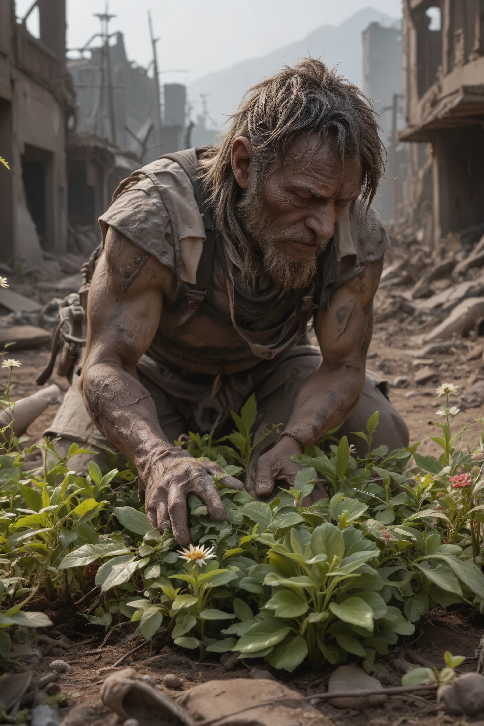 The Wasteland Gardener - He plants a garden amid the ruins, letting greenery breathe life back into this post‑apocalyptic world. photorealistic, ray tracing, 32K, HDR, UHD, DSLR, cinematic, masterpiece, award-winning