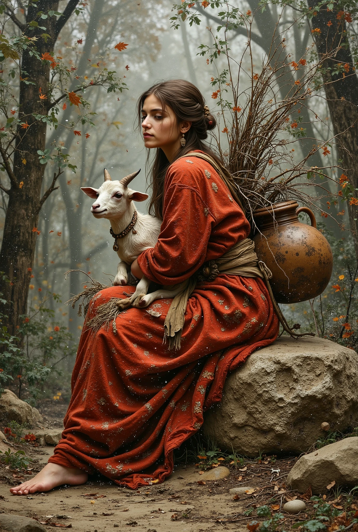 created a painting with oil painting with huge details , In the style of the artist Leonardo Davinci , The art of the era of European Renaissance ,  A fully detailed painting of a beautiful Moroccan Berber girl  (  20 years old )  She has large pieces of dry tree branches on her back and is sitting on a rock in the middle of the forest trees. She has a small goat in her arms. She has long brown hair spread over her shoulders. She wears traditional Berber clothes. She wears a vase on her waist and the background is blurry. The picture seems cinematic. The angle of view is not taken in front of the girl  ( The full picture of the girl inside the frame and the view from the front ) 
