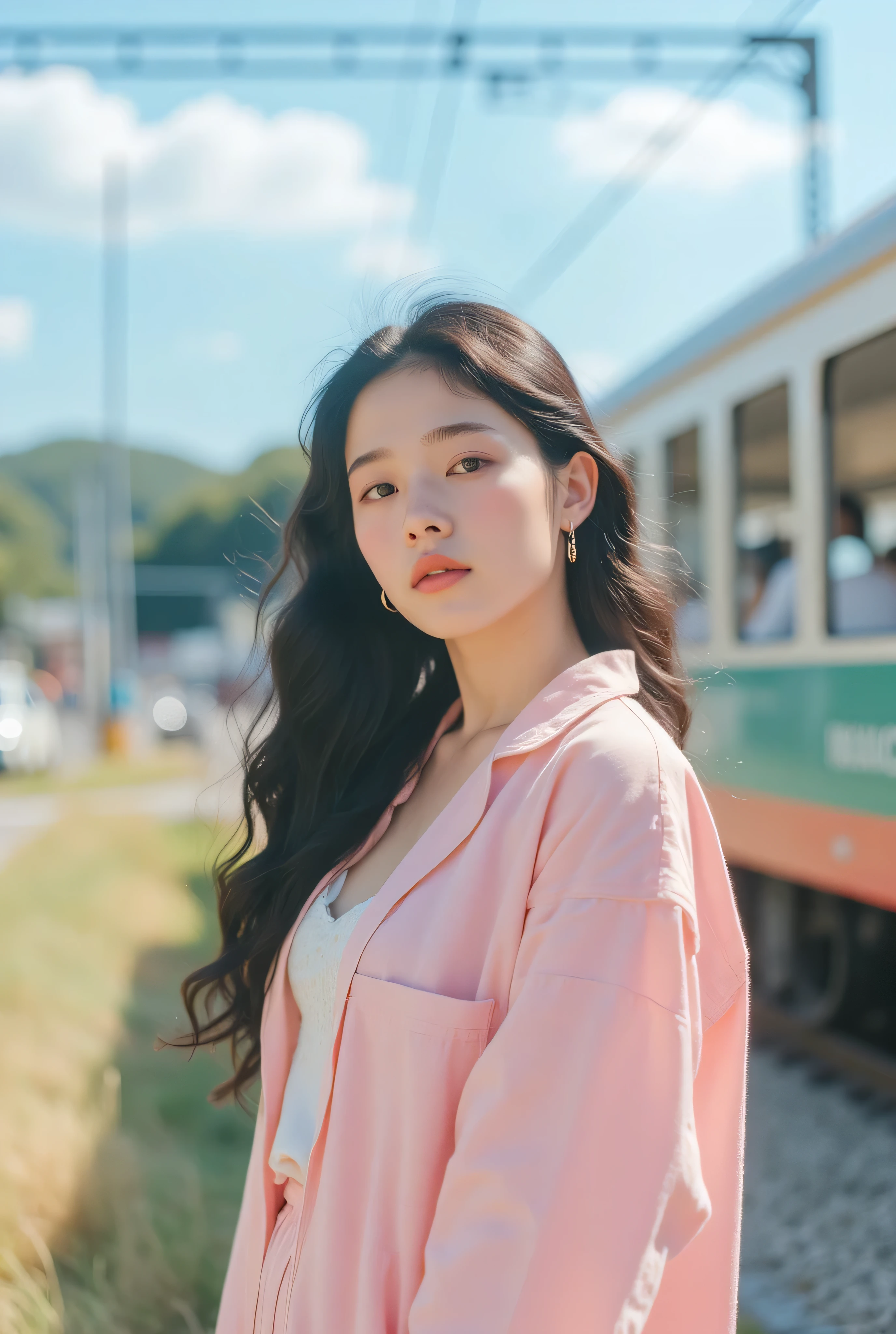 Shonan、 Enoshima Electric Railway、A woman in pajamas 、20 years old、white skin、looks like a K-pop idol、big boobs、Full Body