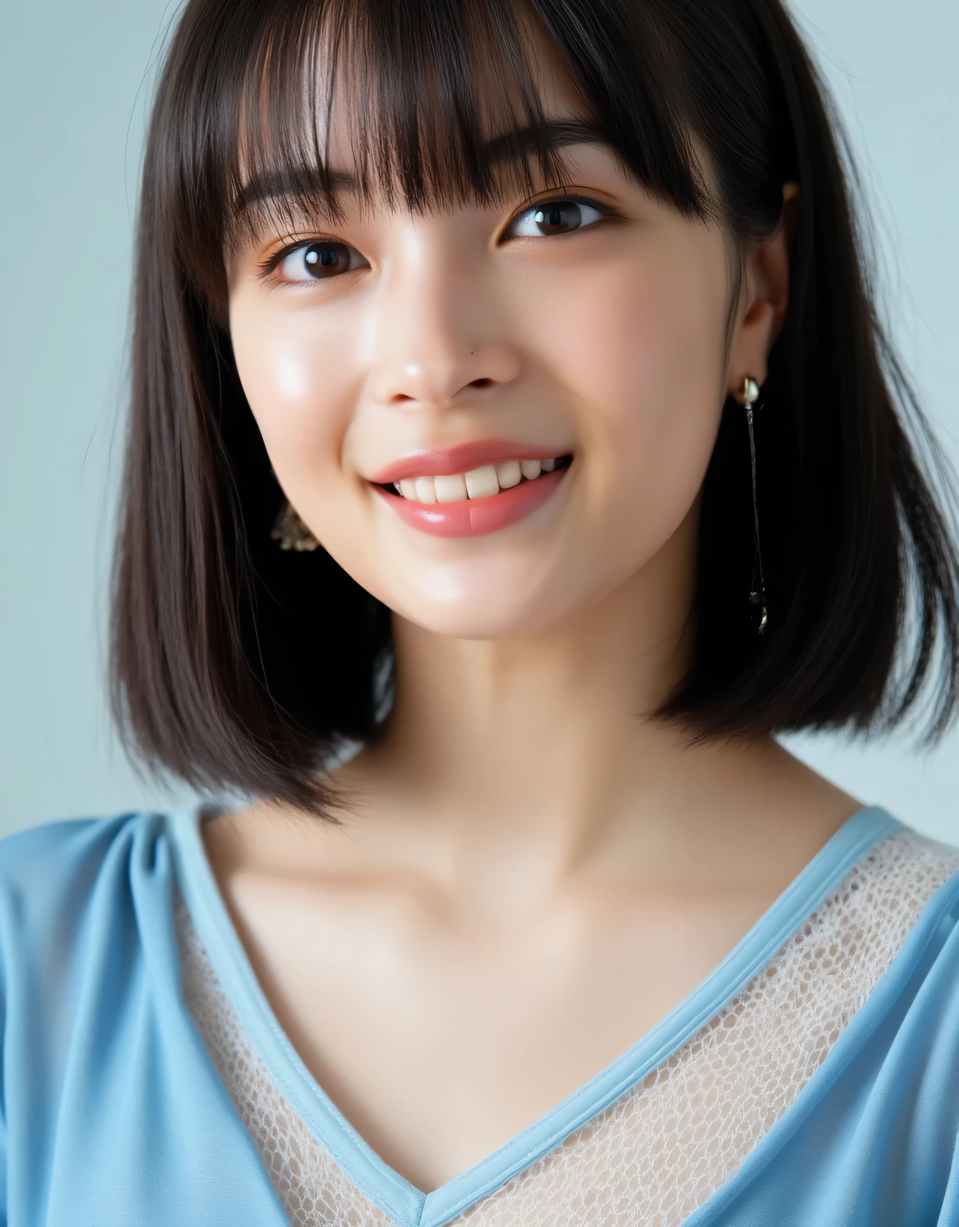 Facial close-up, a sharp focus 35mm photo of a young Asian woman named Suzu. She has a fair complexion and straight, shoulder-length hair with bangs framing her face. Her facial features are delicate, with a small nose, full lips, and large, dark eyes that have a subtle, natural makeup look. She looked at the camera with a smile on her face. She is wearing a loose, blue and sheer, silk V-neck, white fishnet top, which reveals glimpses of a light blue camisole underneath. The texture of the fishnet fabric adds a trendy, casual vibe to her outfit. She accessorizes with small, dangling earrings that have a delicate, floral design.
