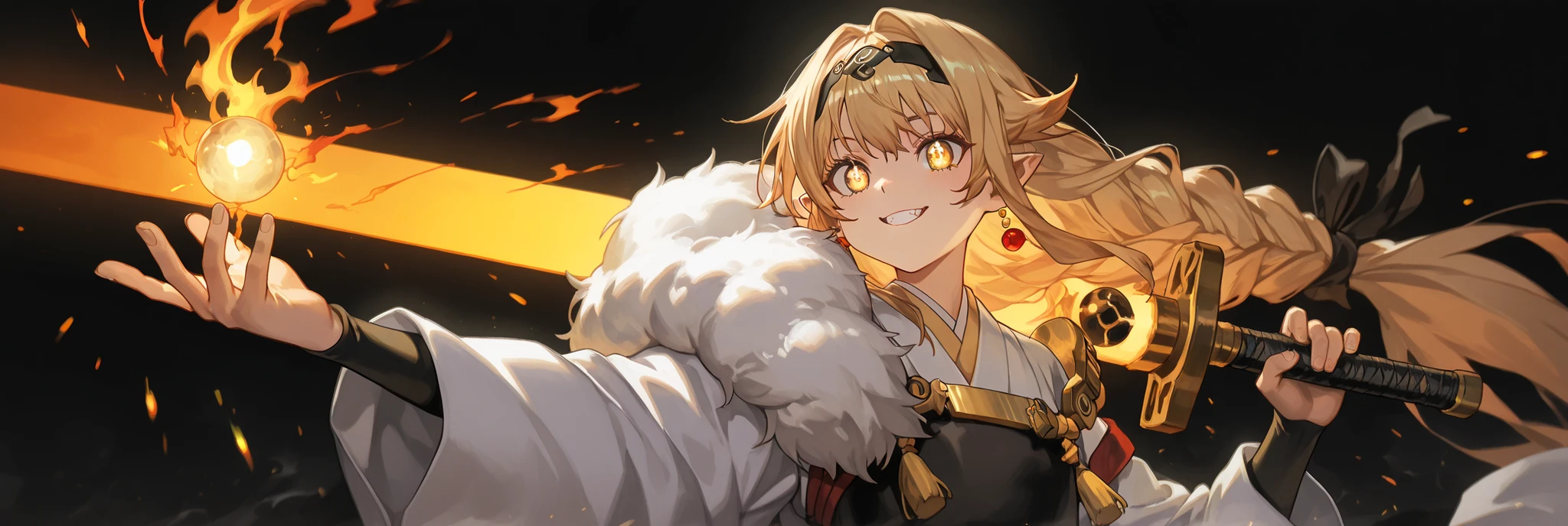 A short, solitary male character, a young teenager, about 1.5 meters tall. He stands alone against a deep black background, making him stand out vividly. His physique, face, and height are exactly like Lloyd de Saloum.

He has long blond hair, styled exactly like Alice Zuberg's from Sword Art Online, with a braid tied in the middle with a black ribbon before flowing freely. A black headband, identical to Alice Zuberg's, rests on his head. His golden eyes shine brightly. His expression is provocative and confident, marked by a bold, mocking smile. He has pointy ears and a golden monkey tail.

Outfit:
He wears an ornate white Chinese robe. Draped over his right shoulder is a flowing golden fur cloak (like Sesshoumaru’s), soft and radiant like a divine cloud, falling almost to the ground along his back. The cloak is fastened with gold medals and chains that cross to his left shoulder. He has a golden pauldron on his left shoulder with the design of an oni face.

Weapon:
In his right hand, he firmly grips a massive black greatsword with a few golden ornaments on the tips, a massive weapon made of black stone, with visible cracks that glow faintly with energy. In his right hand, he firmly grips a massive black greatsword with a few golden ornaments on the tips, a massive weapon made of black stone, with visible cracks that glow faintly with golden energy.

In his left hand, he holds a ball of golden energy with glowing dots, radiating power.

Pose and Atmosphere:
He assumes a bold, dynamic battle stance, facing the viewer directly with a playful yet arrogant look. His left hand conjures a golden sphere of energy streaked with glowing red sparks, radiating raw power.

Atmosphere and Style:
Male character, youthful energy.
Ultra-detailed, sharp, clean anime style. Deep black background with cinematic lighting accentuating his short stature and powerful aura. Golden jeweled earrings glimmer in the light.

The character is a boy. The character is male. The character is male.