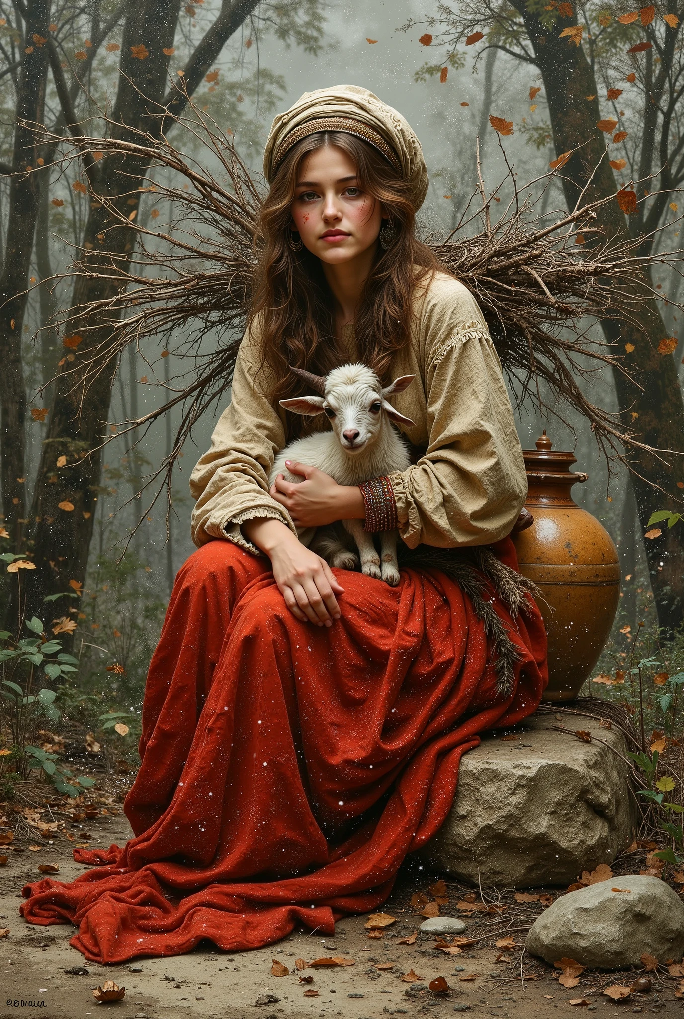 created a painting with oil painting with huge details , In the style of the artist Leonardo Davinci , The art of the era of European Renaissance ,  A fully detailed painting of a beautiful Moroccan Berber girl  (  20 years old )  She has large pieces of dry tree branches on her back and is sitting on a rock in the middle of the forest trees. She has a small goat in her arms. She has long brown hair spread over her shoulders. She wears traditional Berber clothes. She wears a vase on her waist and the background is blurry. The picture seems cinematic. The angle of view is not taken in front of the girl  ( The full picture of the girl inside the frame and the view from the front ) 
