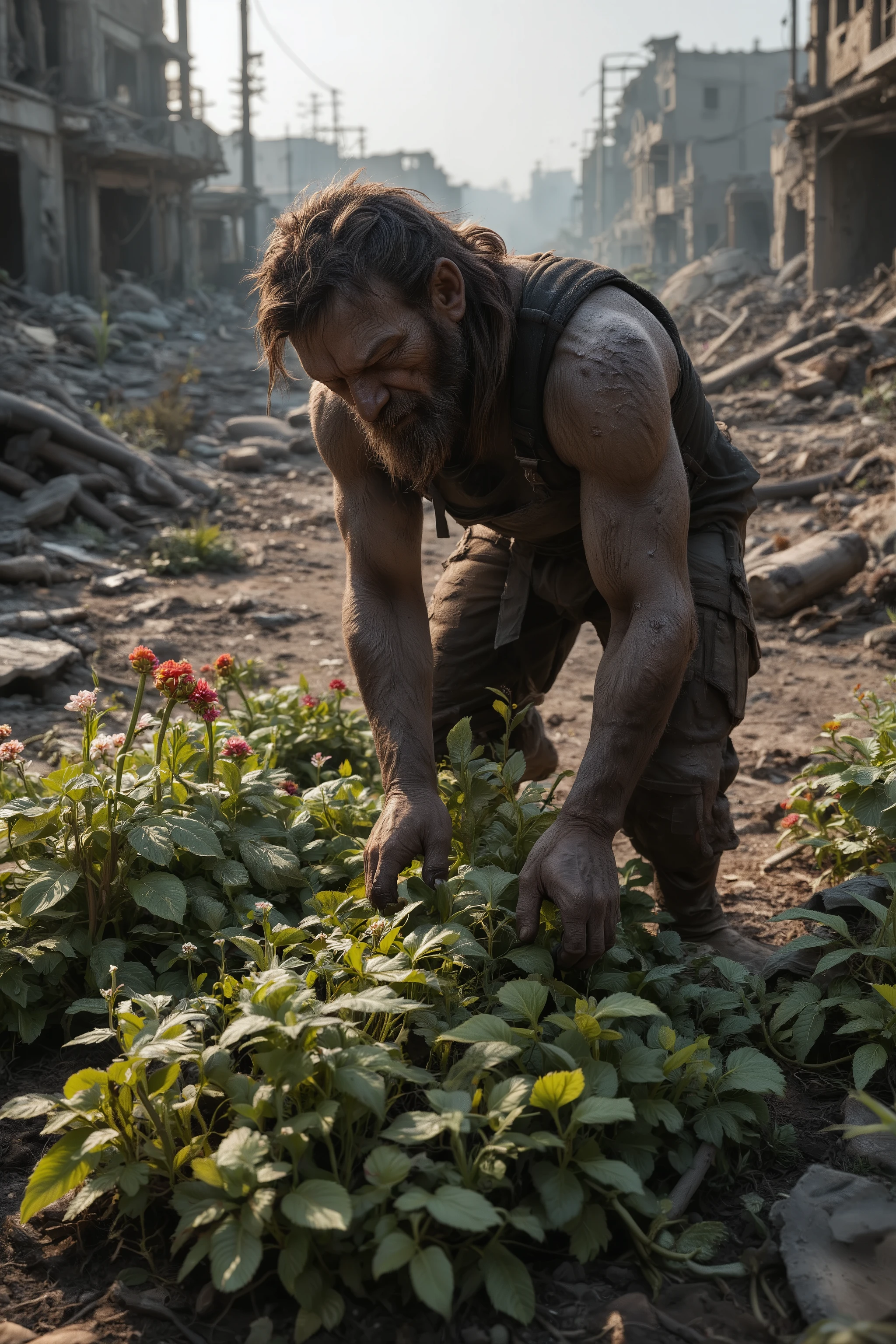 The Wasteland Gardener - He plants a garden amid the ruins, letting greenery breathe life back into this post‑apocalyptic world. photorealistic, ray tracing, 32K, HDR, UHD, DSLR, cinematic, masterpiece, award-winning