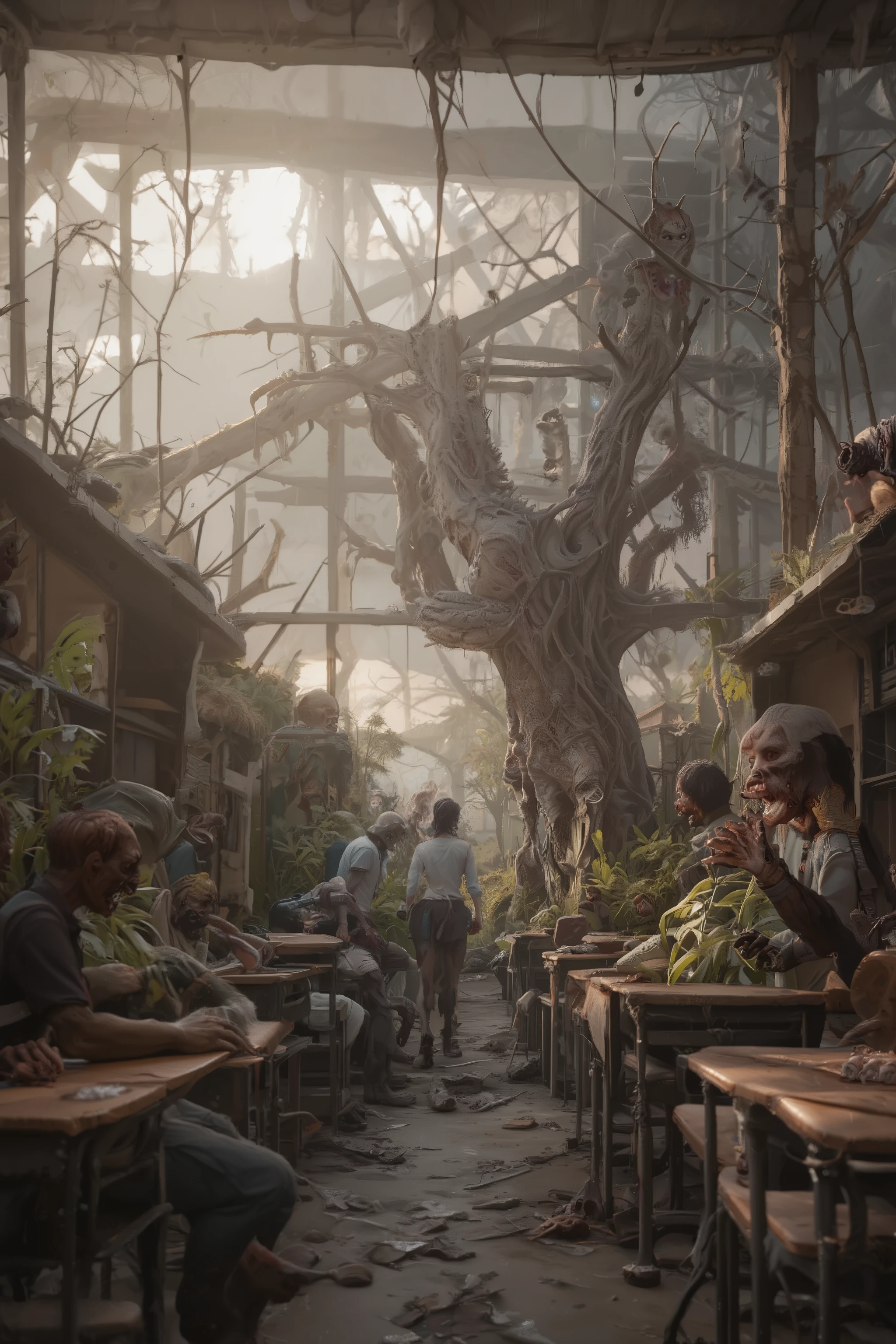 Post-Apocalyptic School - Zombies roam the campus, mutant plants overrun classrooms—how will you and your crew survive here? , ray tracing, 32K, HDR, UHD, cinematic, masterpiece, award-winning
